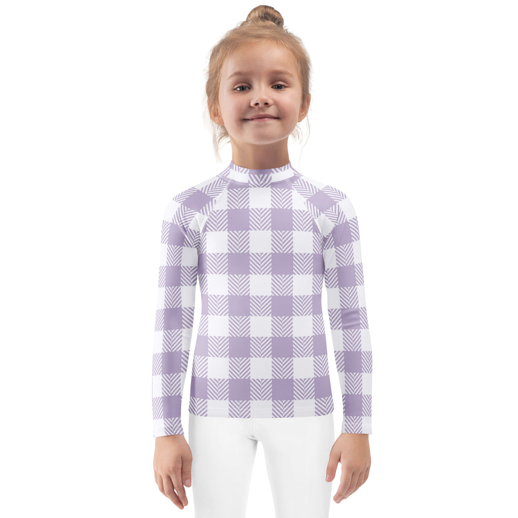 Girls Lavender Gingham Long Sleeve Rash Guard Swim Shirt – Buttery Soft, Sun Safe UPF 50+ Protection, Quick Dry & 4-Way Stretch Comfort