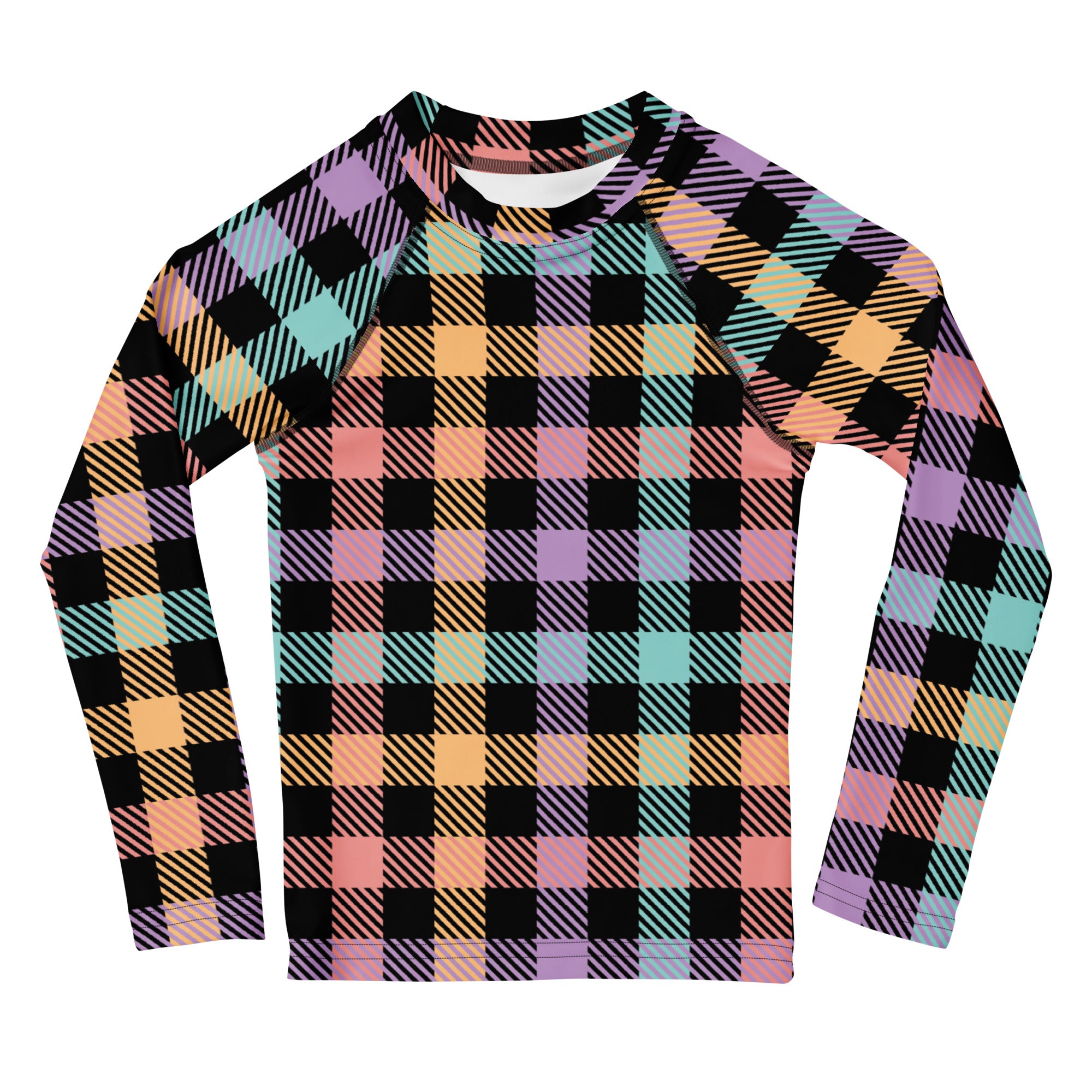 Girls Colorful Pastel Plaid Long Sleeve Rash Guard Swim Shirt – Buttery Soft, Sun Safe UPF 50+ Protection, Quick Dry & 4-Way Stretch Comfort