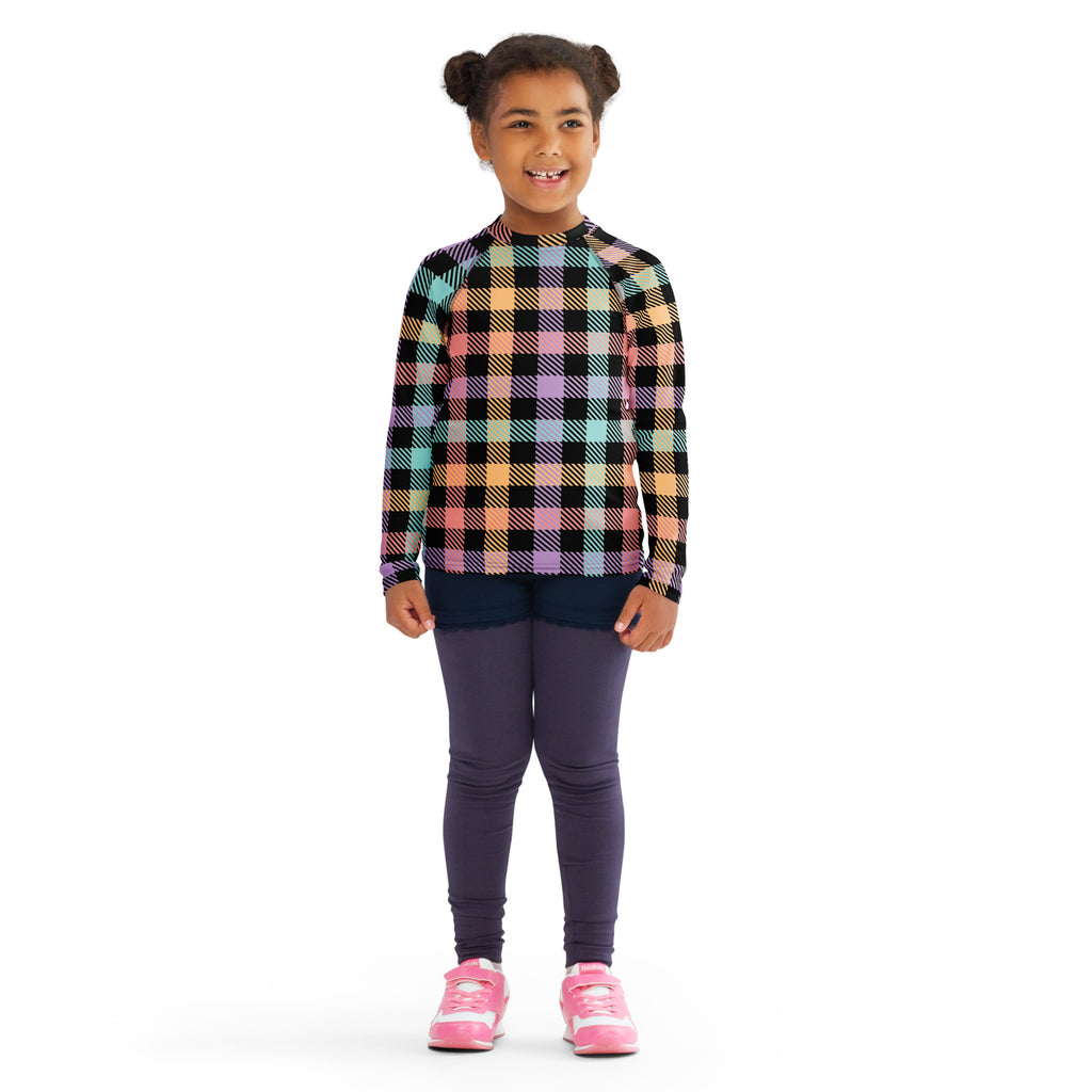 Girls Colorful Pastel Plaid Long Sleeve Rash Guard Swim Shirt – Buttery Soft, Sun Safe UPF 50+ Protection, Quick Dry & 4-Way Stretch Comfort