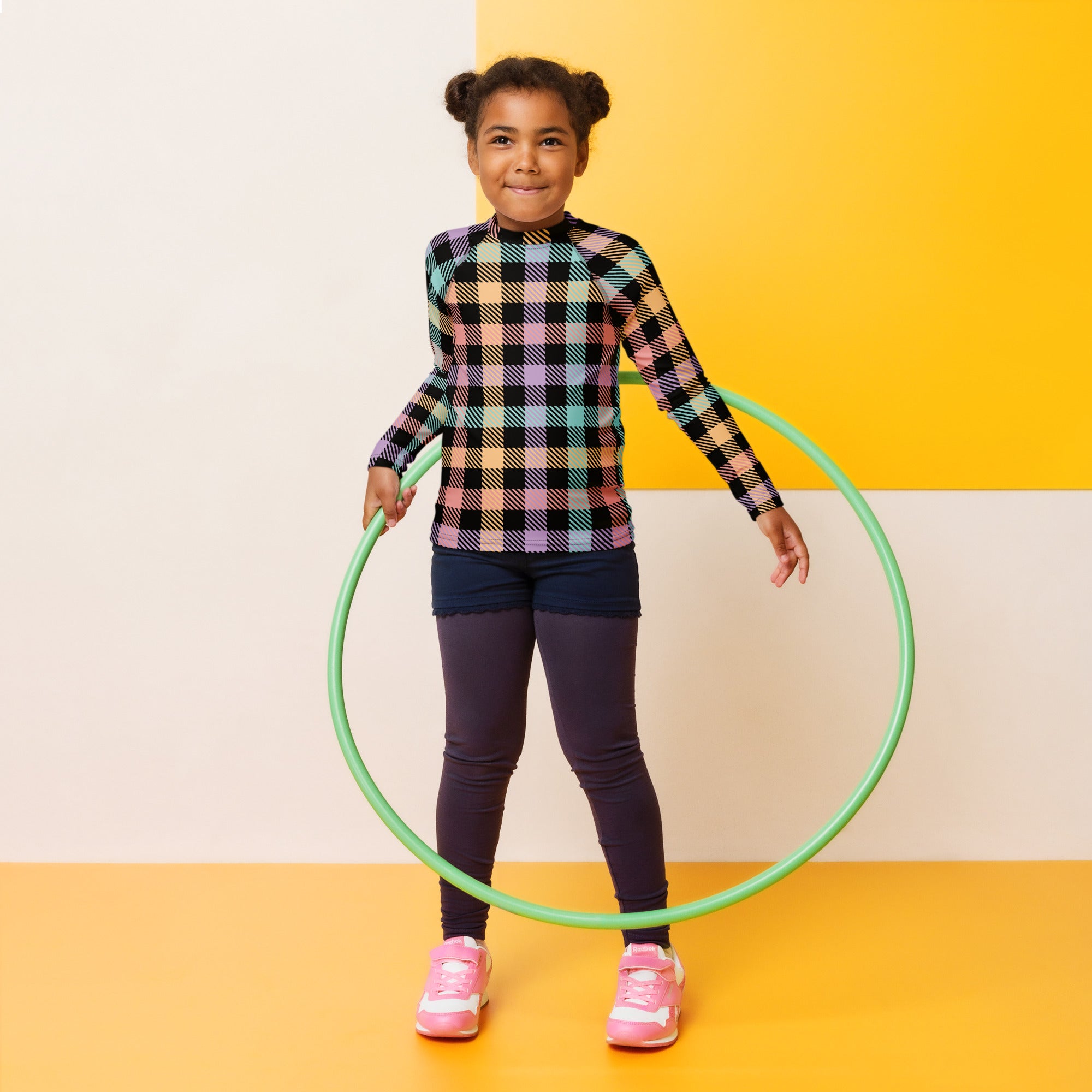 Girls Colorful Pastel Plaid Long Sleeve Rash Guard Swim Shirt – Buttery Soft, Sun Safe UPF 50+ Protection, Quick Dry & 4-Way Stretch Comfort