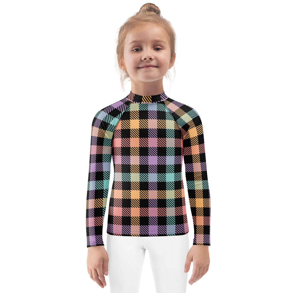 Girls Colorful Pastel Plaid Long Sleeve Rash Guard Swim Shirt – Buttery Soft, Sun Safe UPF 50+ Protection, Quick Dry & 4-Way Stretch Comfort