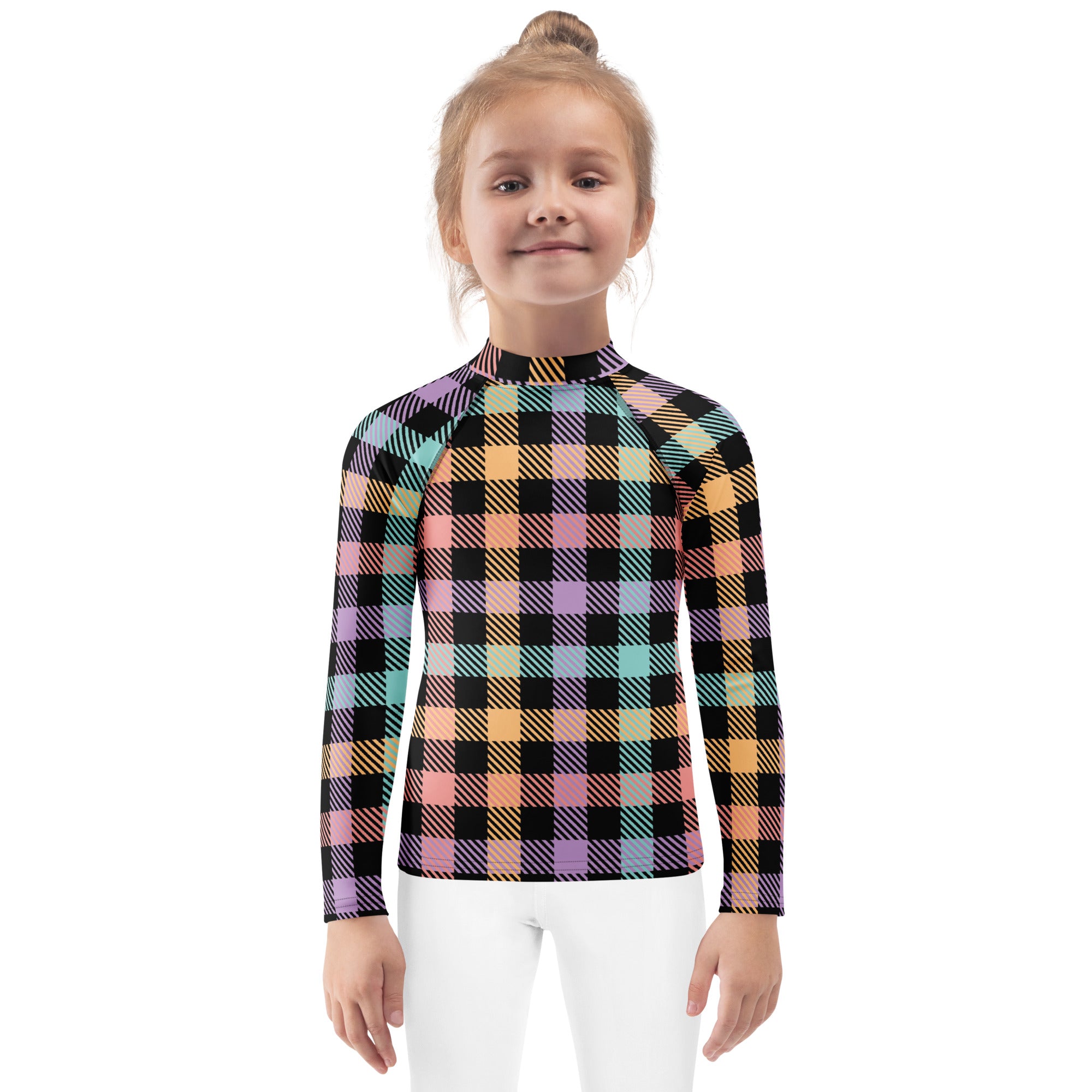 Girls Colorful Pastel Plaid Long Sleeve Rash Guard Swim Shirt – Buttery Soft, Sun Safe UPF 50+ Protection, Quick Dry & 4-Way Stretch Comfort