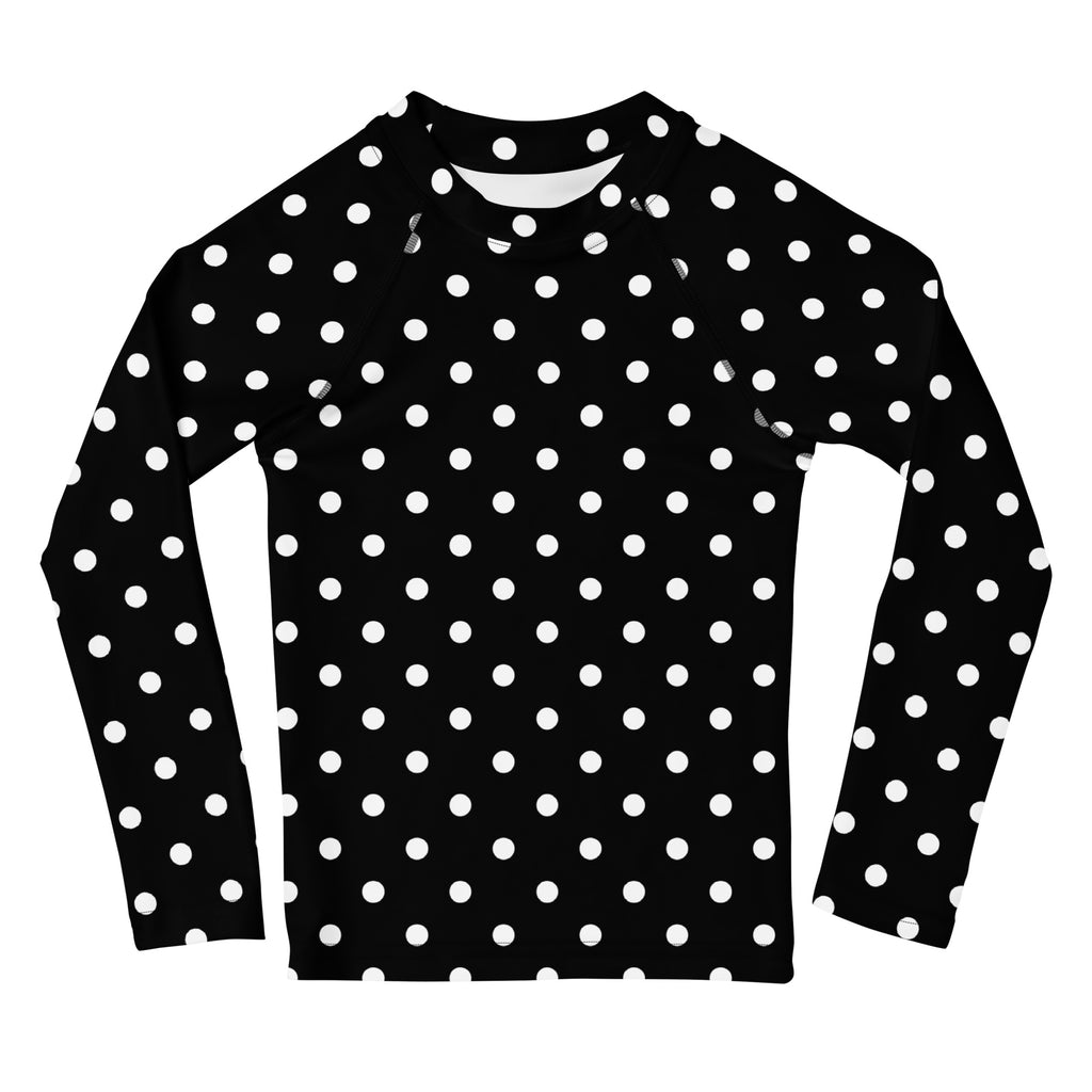 Kids Black Polka Dot Long Sleeve Rash Guard Swim Shirt – Buttery Soft, Sun Safe UPF 50+ Protection, Quick Dry & 4-Way Stretch Comfort
