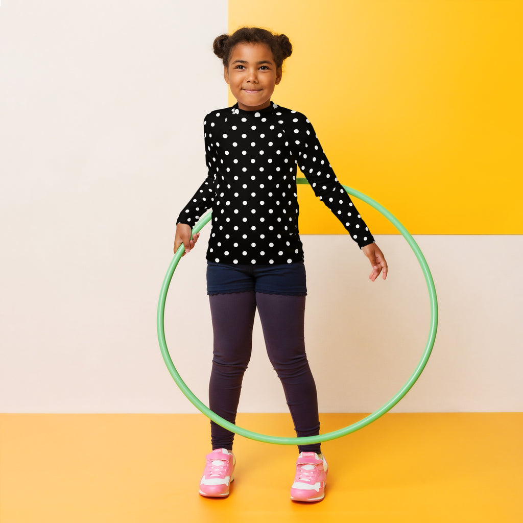 Kids Black Polka Dot Long Sleeve Rash Guard Swim Shirt – Buttery Soft, Sun Safe UPF 50+ Protection, Quick Dry & 4-Way Stretch Comfort