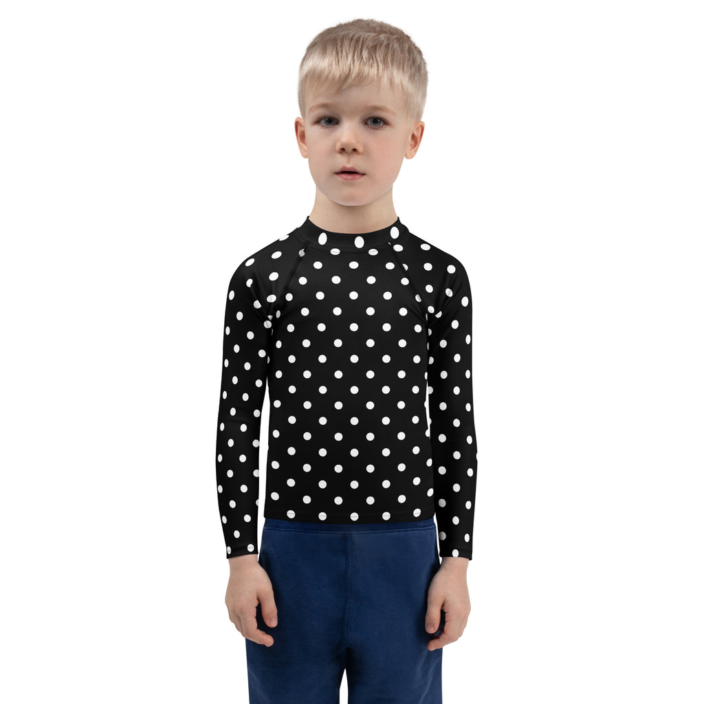 Kids Black Polka Dot Long Sleeve Rash Guard Swim Shirt – Buttery Soft, Sun Safe UPF 50+ Protection, Quick Dry & 4-Way Stretch Comfort