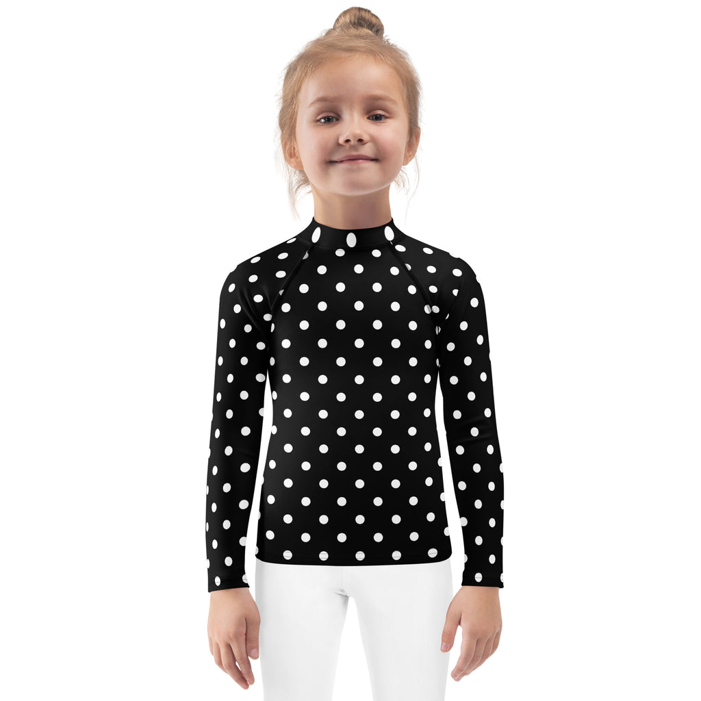 Kids Black Polka Dot Long Sleeve Rash Guard Swim Shirt – Buttery Soft, Sun Safe UPF 50+ Protection, Quick Dry & 4-Way Stretch Comfort