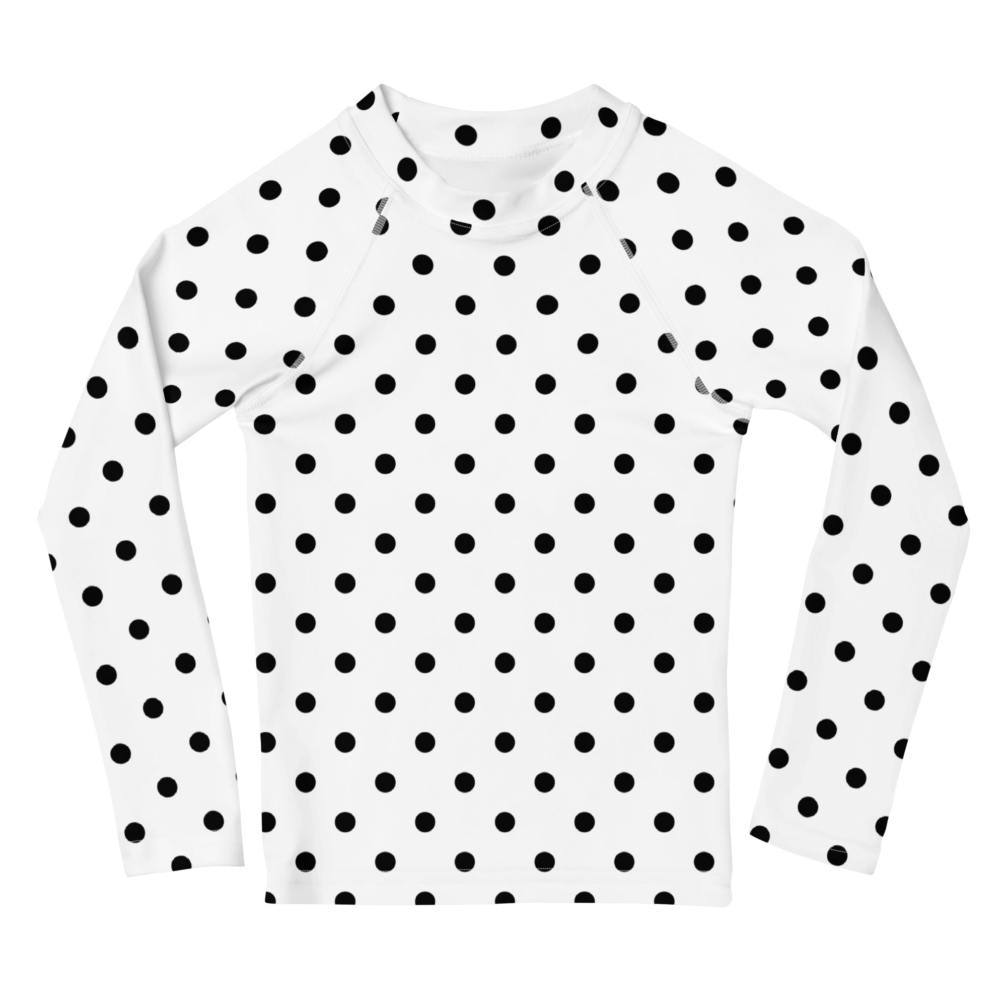 Kids White Polka Dot Long Sleeve Rash Guard Swim Shirt – Buttery Soft, Sun Safe UPF 50+ Protection, Quick Dry & 4-Way Stretch Comfort