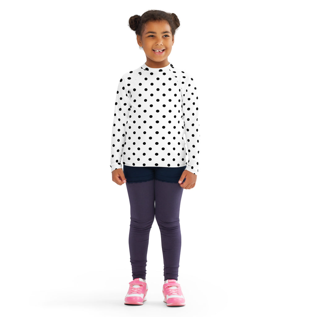 Kids White Polka Dot Long Sleeve Rash Guard Swim Shirt – Buttery Soft, Sun Safe UPF 50+ Protection, Quick Dry & 4-Way Stretch Comfort