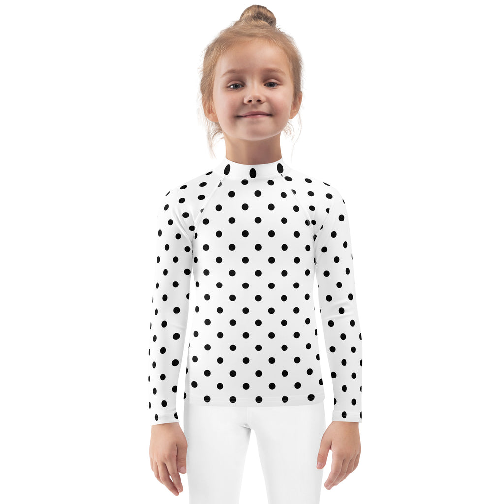 Kids White Polka Dot Long Sleeve Rash Guard Swim Shirt – Buttery Soft, Sun Safe UPF 50+ Protection, Quick Dry & 4-Way Stretch Comfort