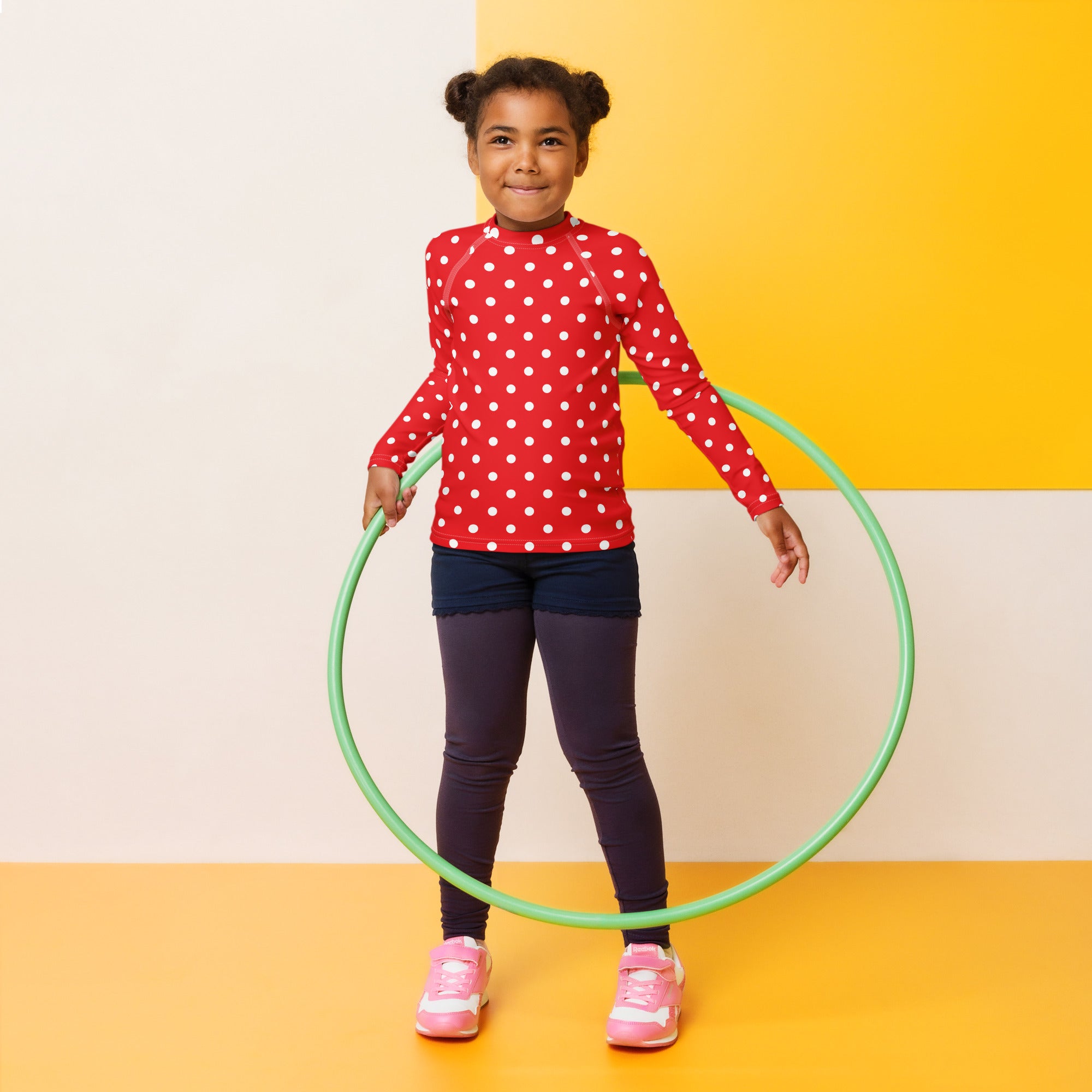 Kids Red Polka Dot Long Sleeve Rash Guard Swim Shirt – Buttery Soft, Sun Safe UPF 50+ Protection, Quick Dry & 4-Way Stretch Comfort