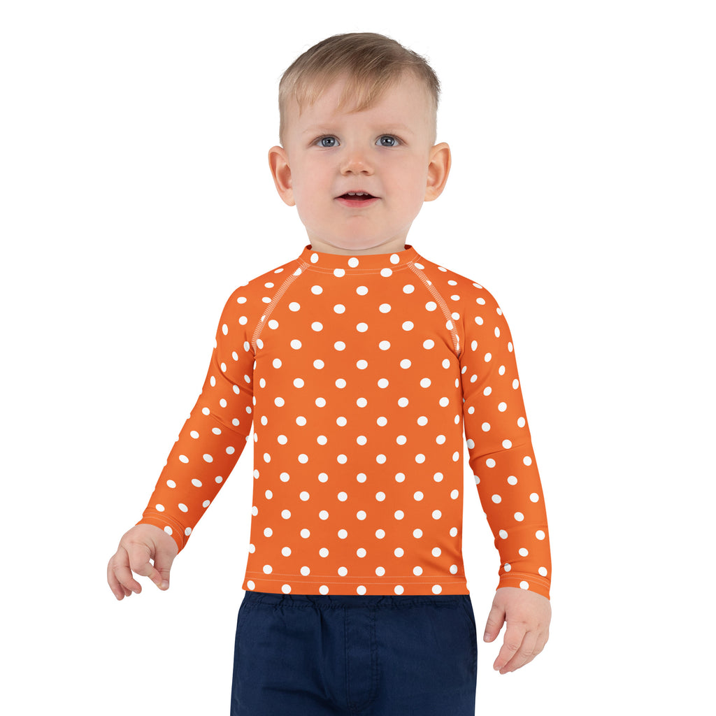 Kids Orange Polka Dot Long Sleeve Rash Guard Swim Shirt – Buttery Soft, Sun Safe UPF 50+ Protection, Quick Dry & 4-Way Stretch Comfort