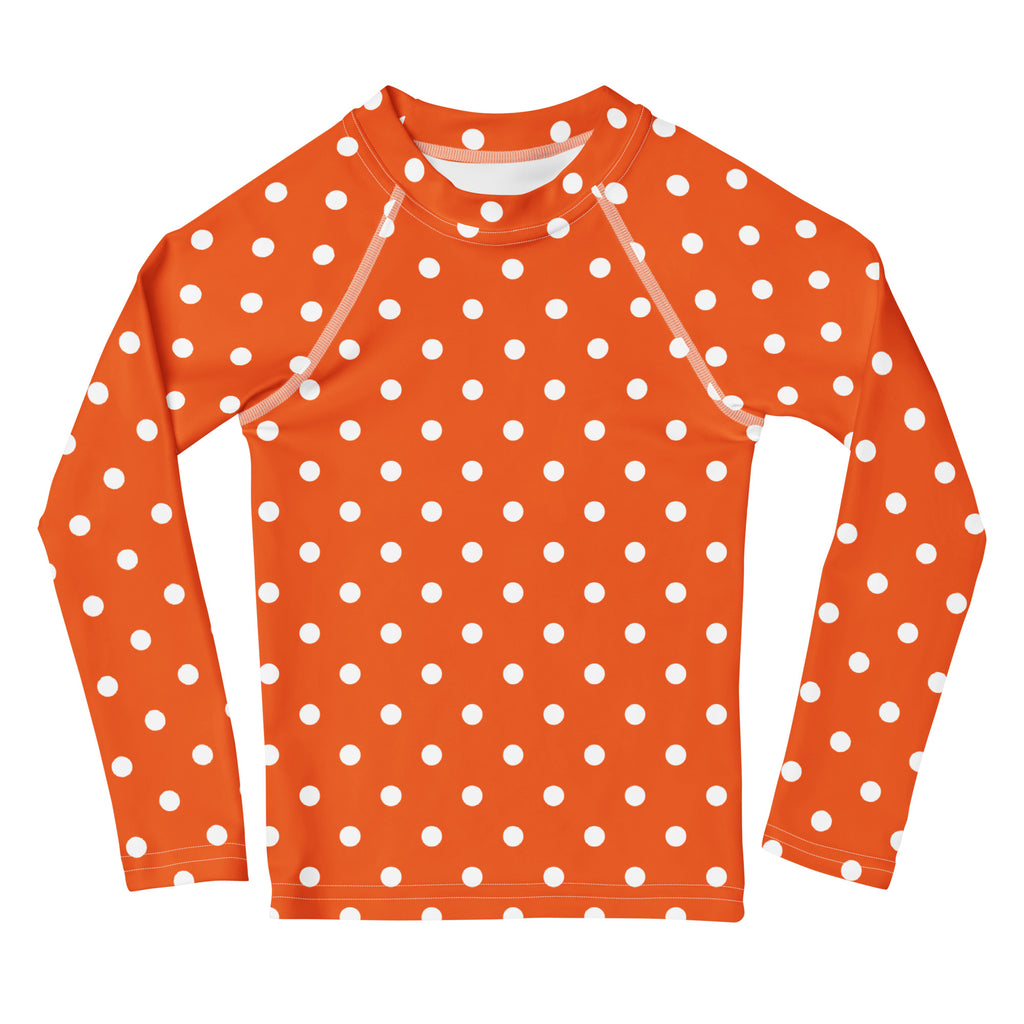 Kids Orange Polka Dot Long Sleeve Rash Guard Swim Shirt – Buttery Soft, Sun Safe UPF 50+ Protection, Quick Dry & 4-Way Stretch Comfort