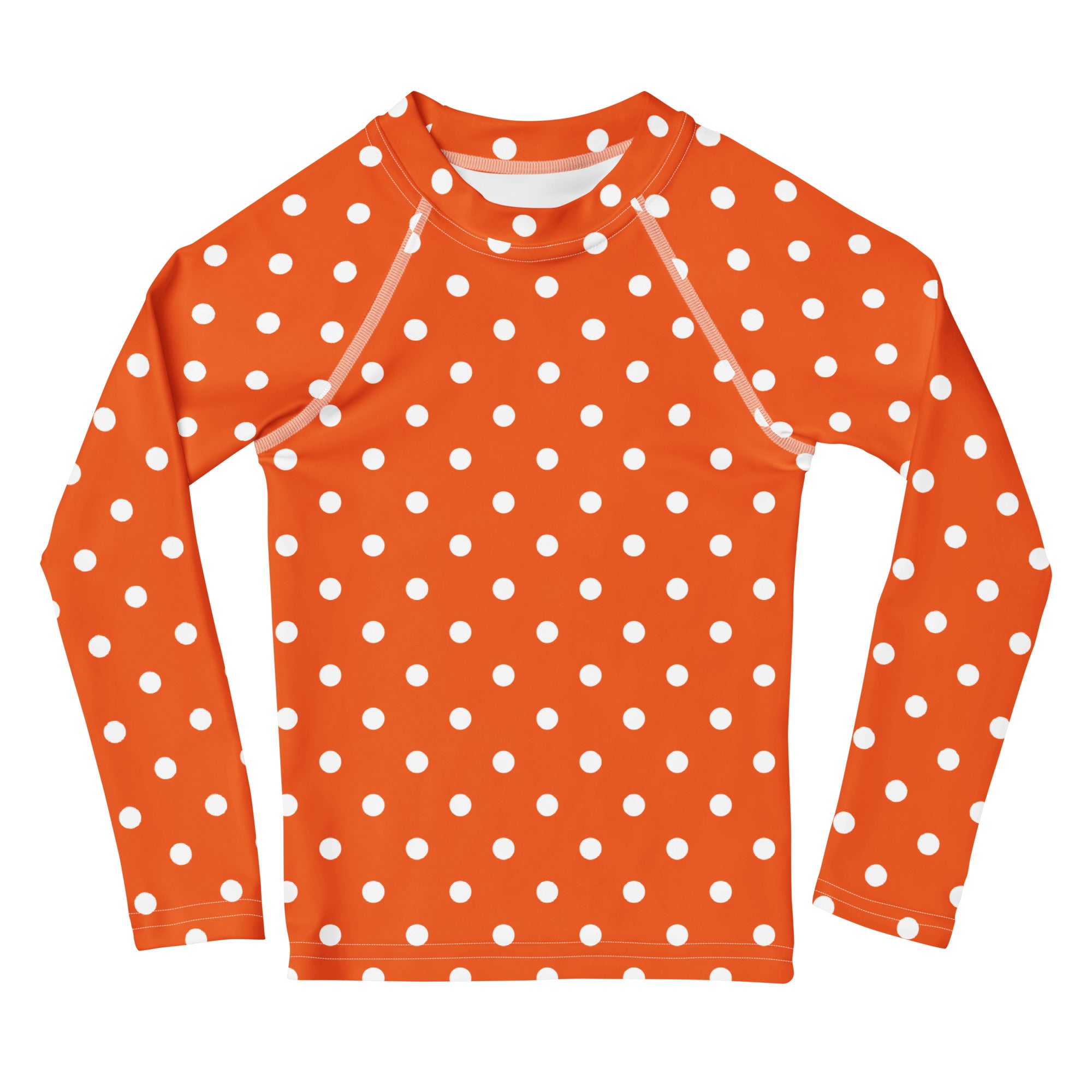 Kids Orange Polka Dot Long Sleeve Rash Guard Swim Shirt – Buttery Soft, Sun Safe UPF 50+ Protection, Quick Dry & 4-Way Stretch Comfort