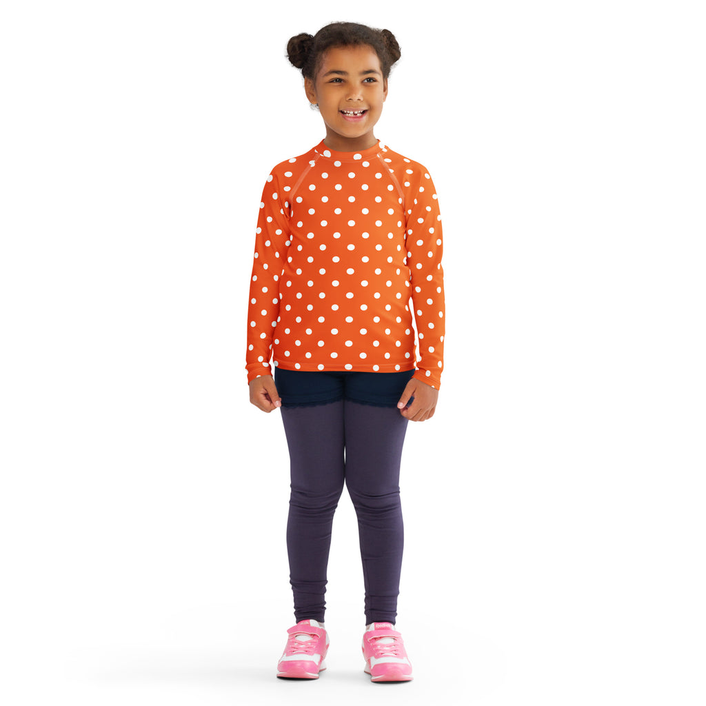 Kids Orange Polka Dot Long Sleeve Rash Guard Swim Shirt – Buttery Soft, Sun Safe UPF 50+ Protection, Quick Dry & 4-Way Stretch Comfort