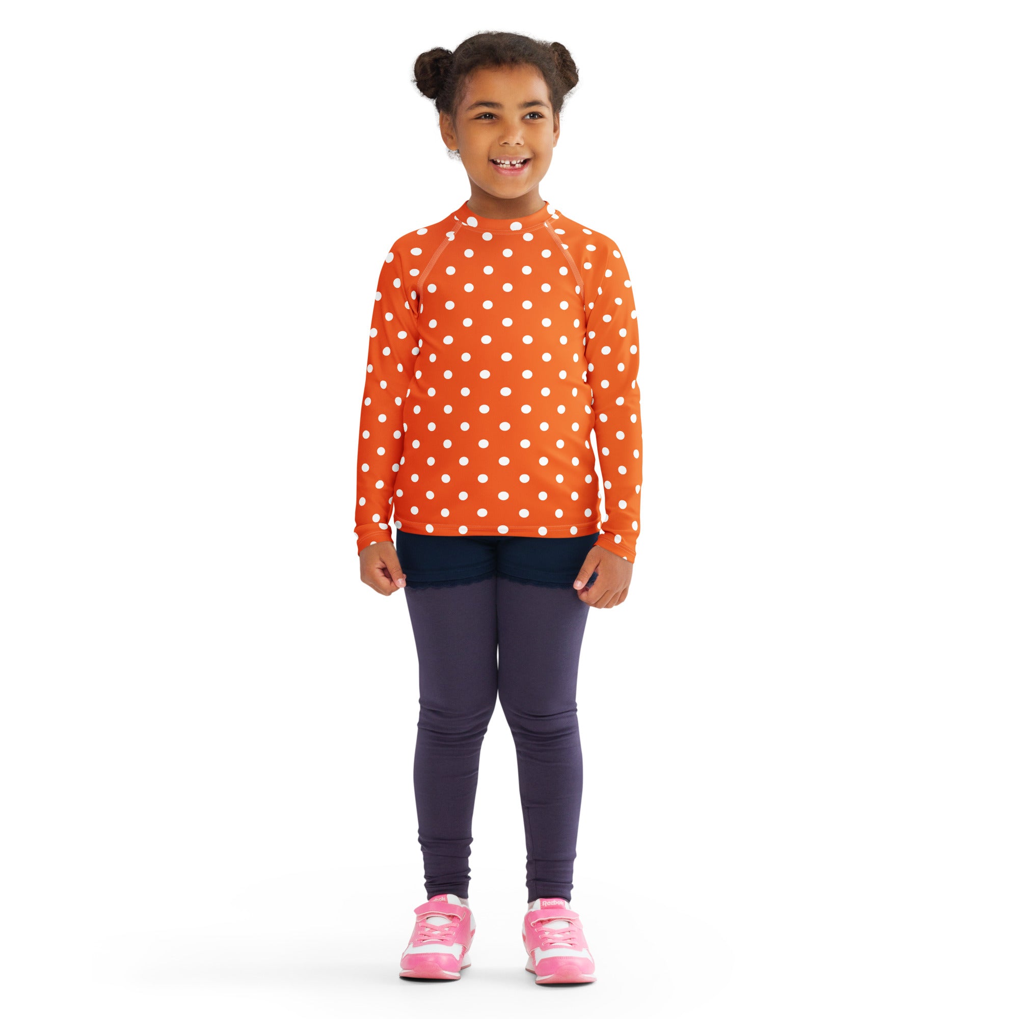 Kids Orange Polka Dot Long Sleeve Rash Guard Swim Shirt – Buttery Soft, Sun Safe UPF 50+ Protection, Quick Dry & 4-Way Stretch Comfort