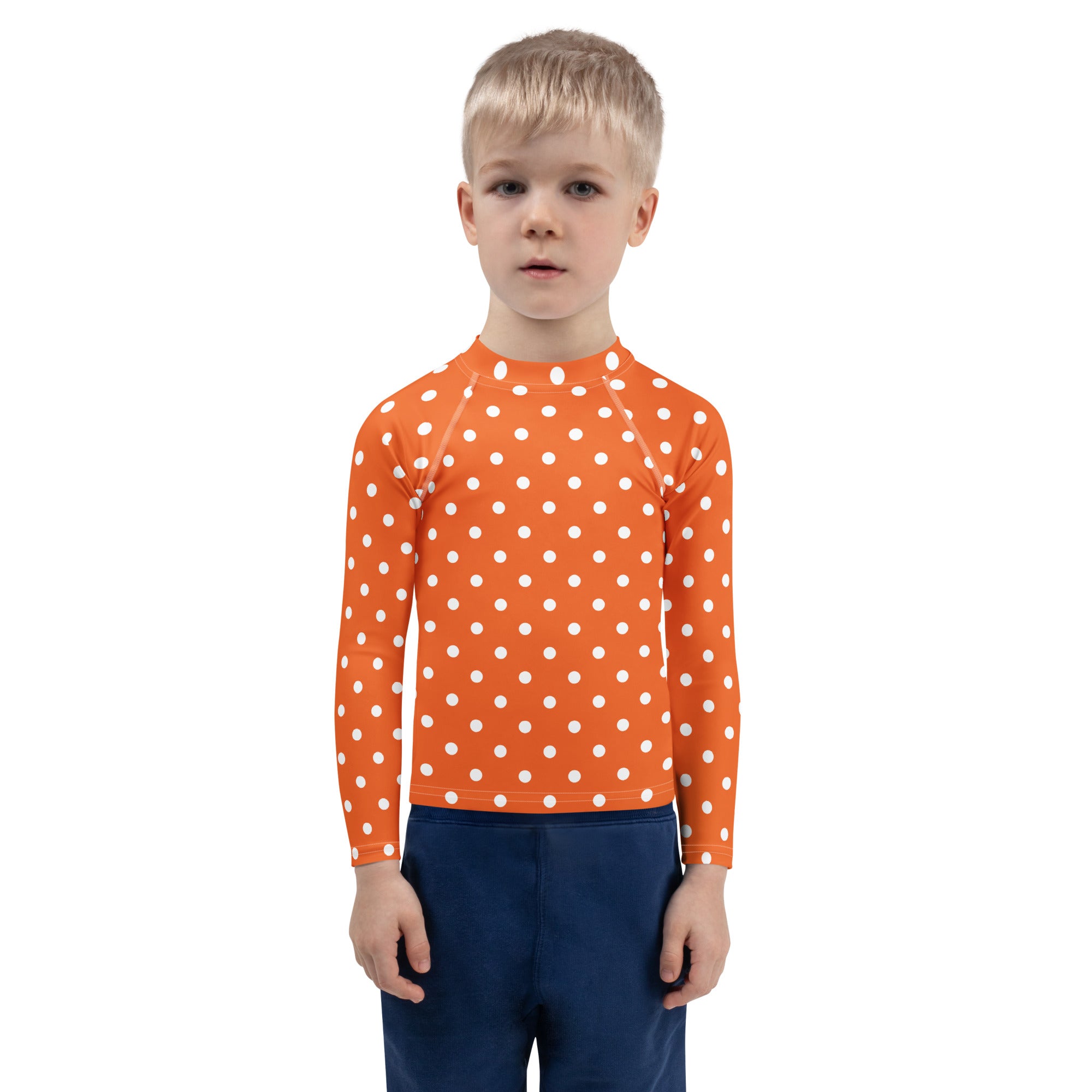 Kids Orange Polka Dot Long Sleeve Rash Guard Swim Shirt – Buttery Soft, Sun Safe UPF 50+ Protection, Quick Dry & 4-Way Stretch Comfort