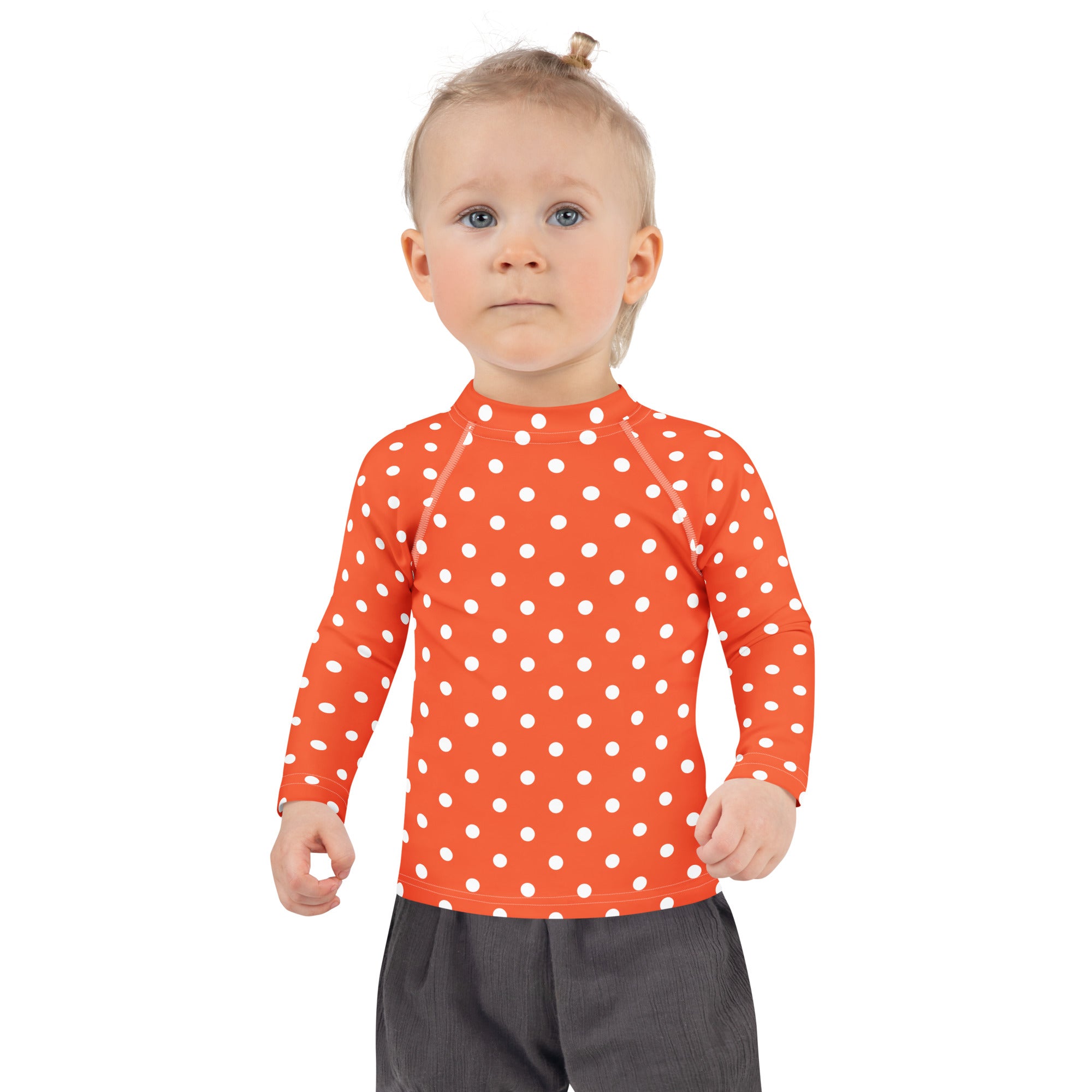Kids Bright Orange Polka Dot Long Sleeve Rash Guard Swim Shirt – Buttery Soft, Sun Safe UPF 50+ Protection, Quick Dry & 4-Way Stretch Comfort