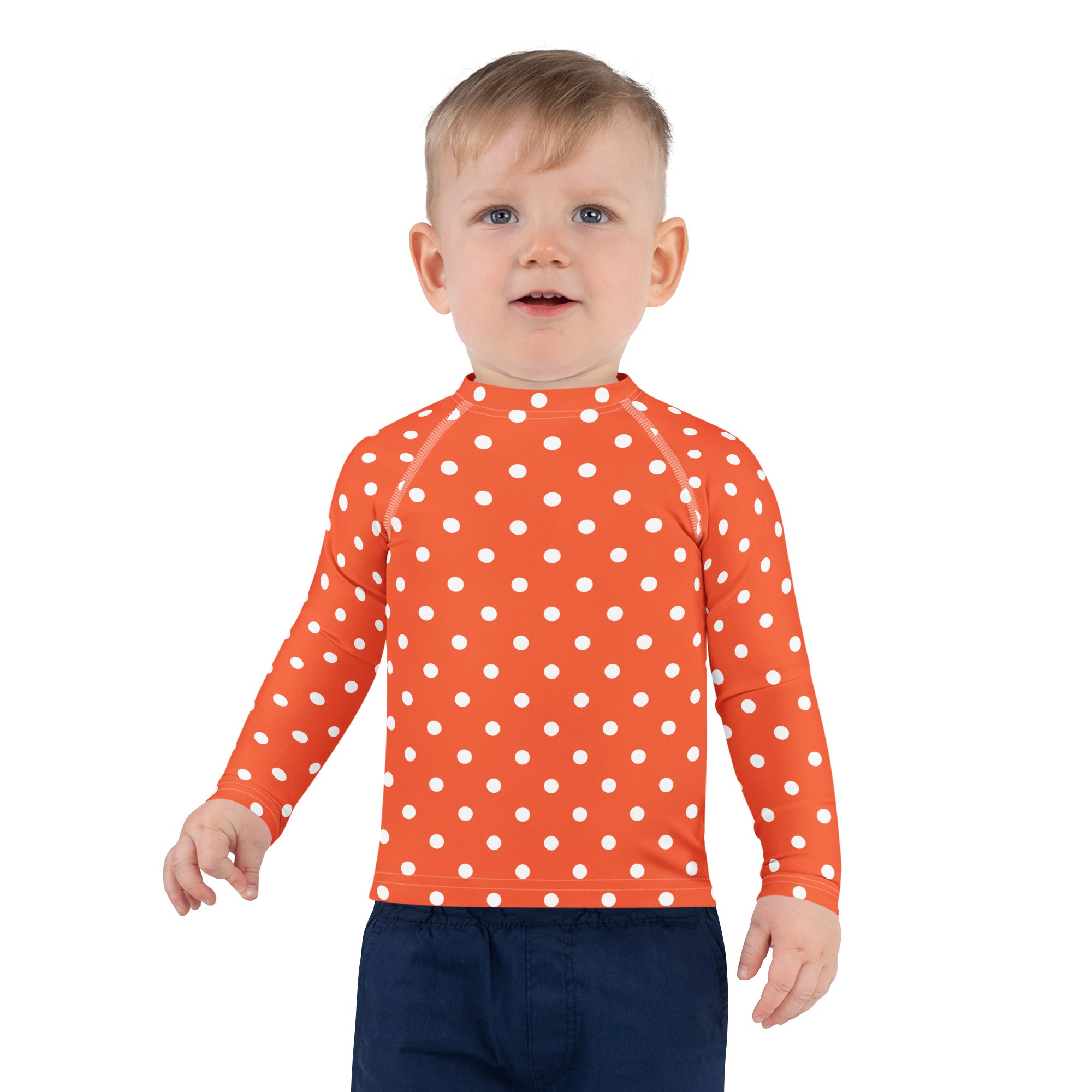 Kids Bright Orange Polka Dot Long Sleeve Rash Guard Swim Shirt – Buttery Soft, Sun Safe UPF 50+ Protection, Quick Dry & 4-Way Stretch Comfort