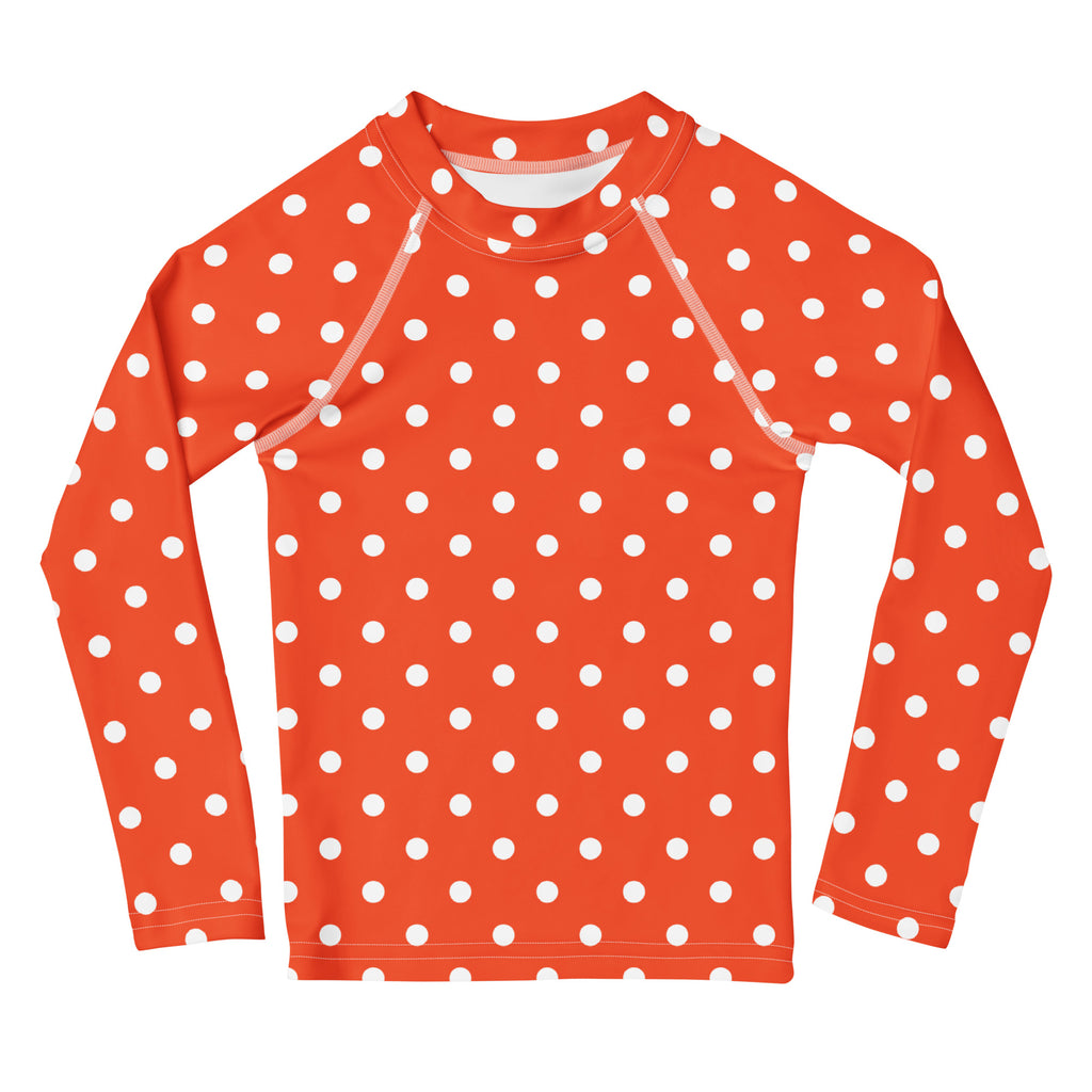 Kids Bright Orange Polka Dot Long Sleeve Rash Guard Swim Shirt – Buttery Soft, Sun Safe UPF 50+ Protection, Quick Dry & 4-Way Stretch Comfort