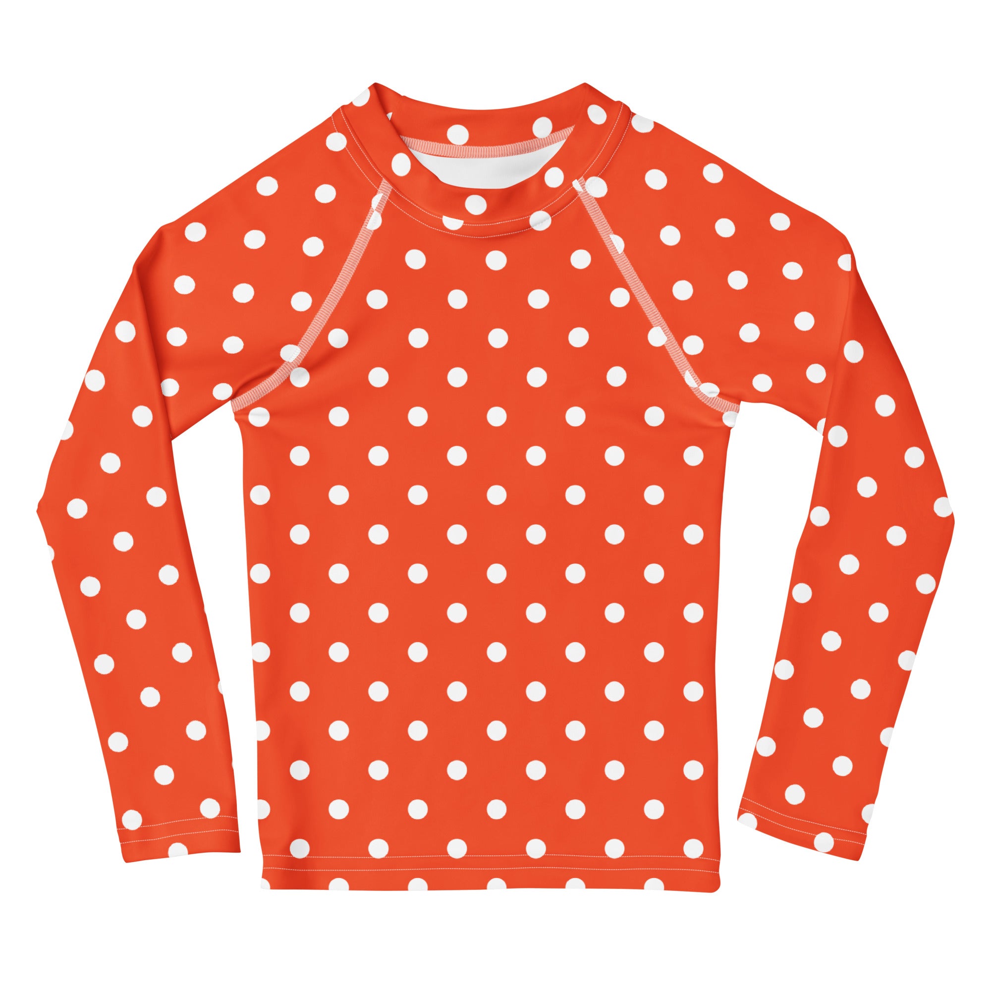 Kids Bright Orange Polka Dot Long Sleeve Rash Guard Swim Shirt – Buttery Soft, Sun Safe UPF 50+ Protection, Quick Dry & 4-Way Stretch Comfort