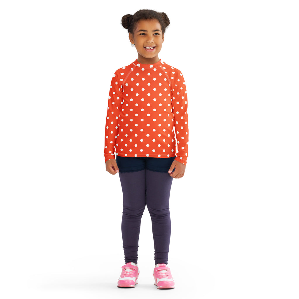 Kids Bright Orange Polka Dot Long Sleeve Rash Guard Swim Shirt – Buttery Soft, Sun Safe UPF 50+ Protection, Quick Dry & 4-Way Stretch Comfort