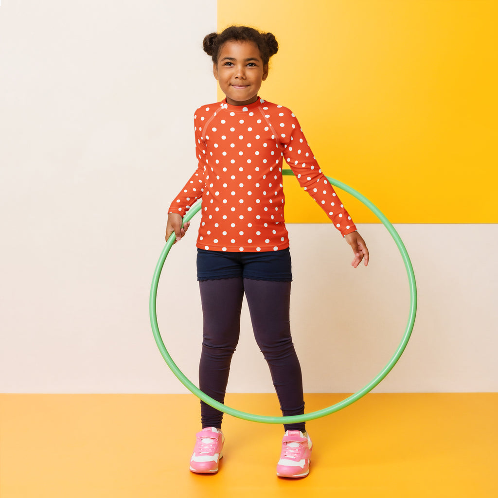 Kids Bright Orange Polka Dot Long Sleeve Rash Guard Swim Shirt – Buttery Soft, Sun Safe UPF 50+ Protection, Quick Dry & 4-Way Stretch Comfort