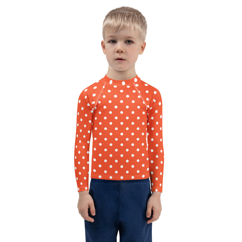Kids Bright Orange Polka Dot Long Sleeve Rash Guard Swim Shirt – Buttery Soft, Sun Safe UPF 50+ Protection, Quick Dry & 4-Way Stretch Comfort