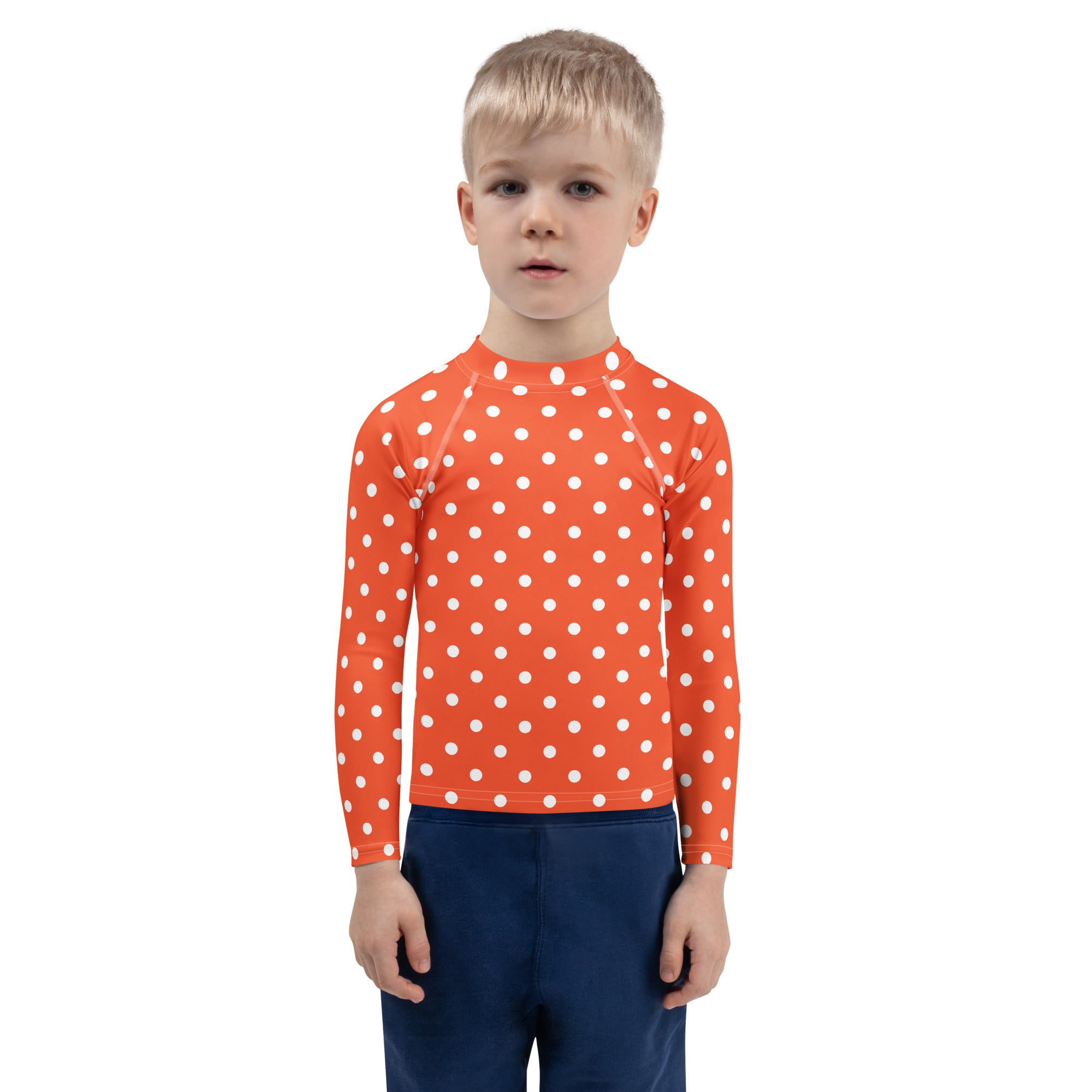 Kids Bright Orange Polka Dot Long Sleeve Rash Guard Swim Shirt – Buttery Soft, Sun Safe UPF 50+ Protection, Quick Dry & 4-Way Stretch Comfort