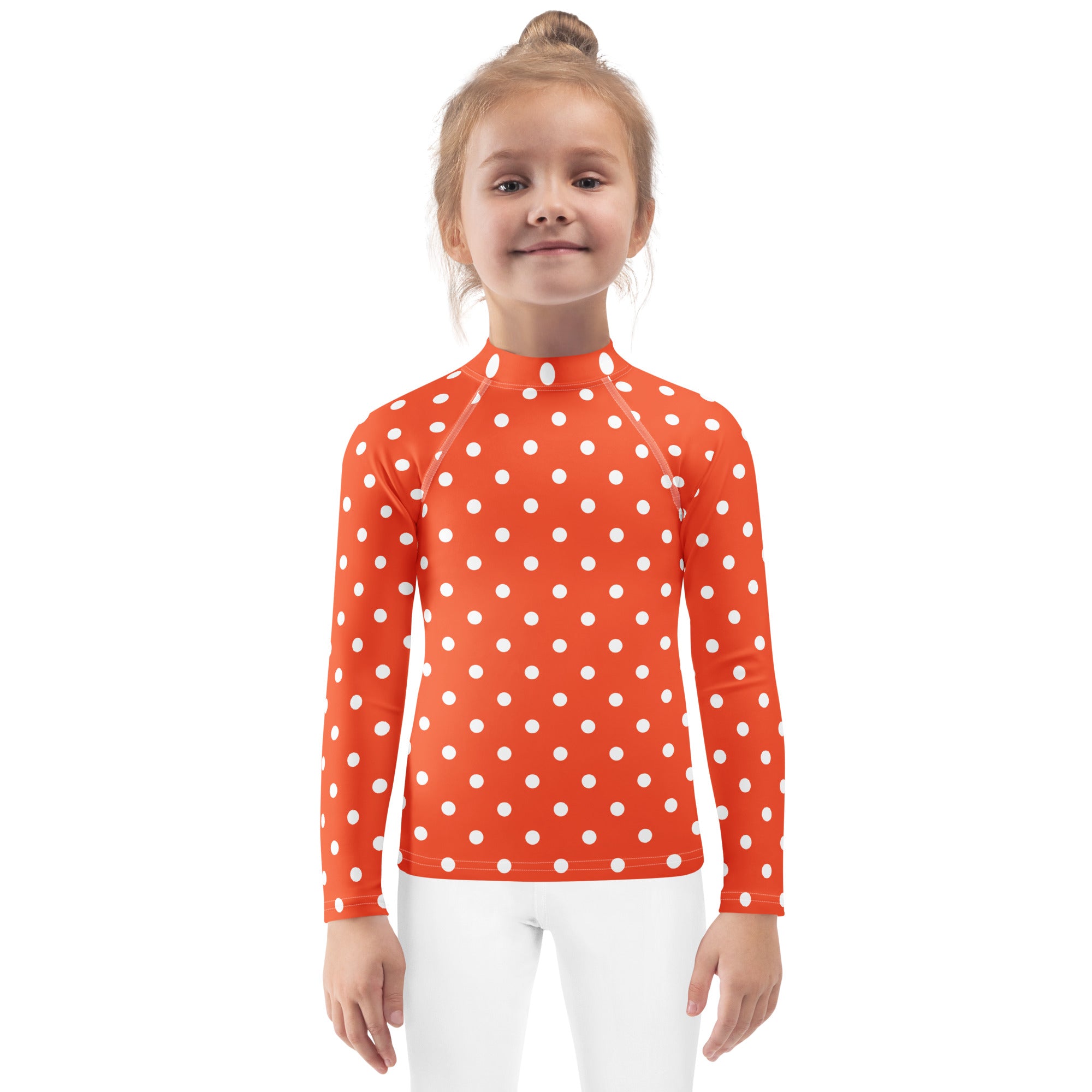 Kids Bright Orange Polka Dot Long Sleeve Rash Guard Swim Shirt – Buttery Soft, Sun Safe UPF 50+ Protection, Quick Dry & 4-Way Stretch Comfort