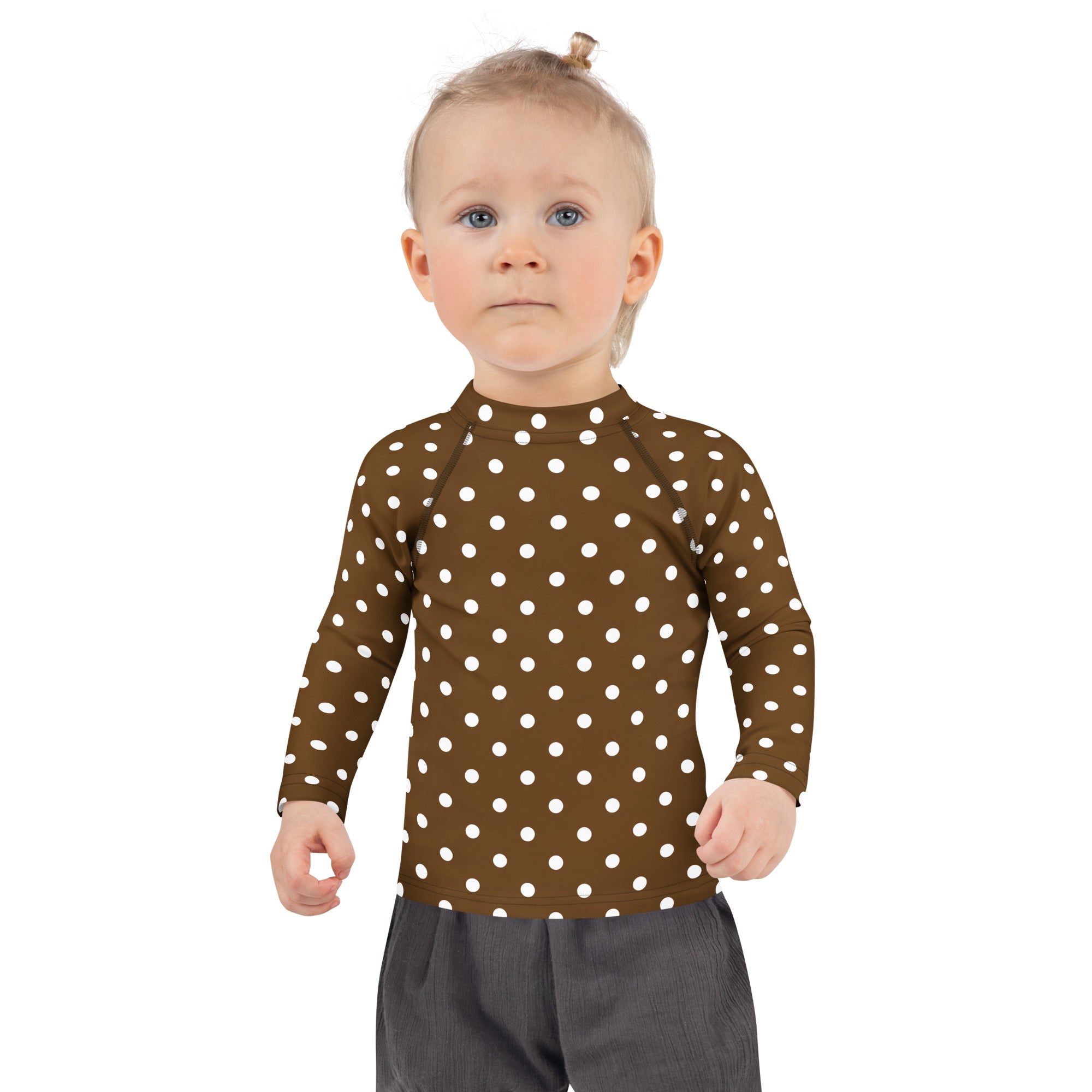 Kids Brown Polka Dot Long Sleeve Rash Guard Swim Shirt – Buttery Soft, Sun Safe UPF 50+ Protection, Quick Dry & 4-Way Stretch Comfort