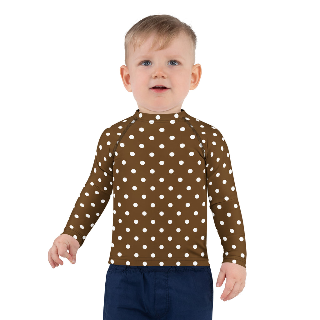 Kids Brown Polka Dot Long Sleeve Rash Guard Swim Shirt – Buttery Soft, Sun Safe UPF 50+ Protection, Quick Dry & 4-Way Stretch Comfort