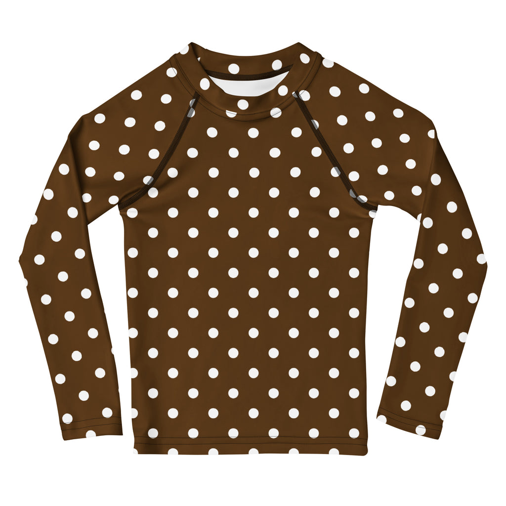Kids Brown Polka Dot Long Sleeve Rash Guard Swim Shirt – Buttery Soft, Sun Safe UPF 50+ Protection, Quick Dry & 4-Way Stretch Comfort
