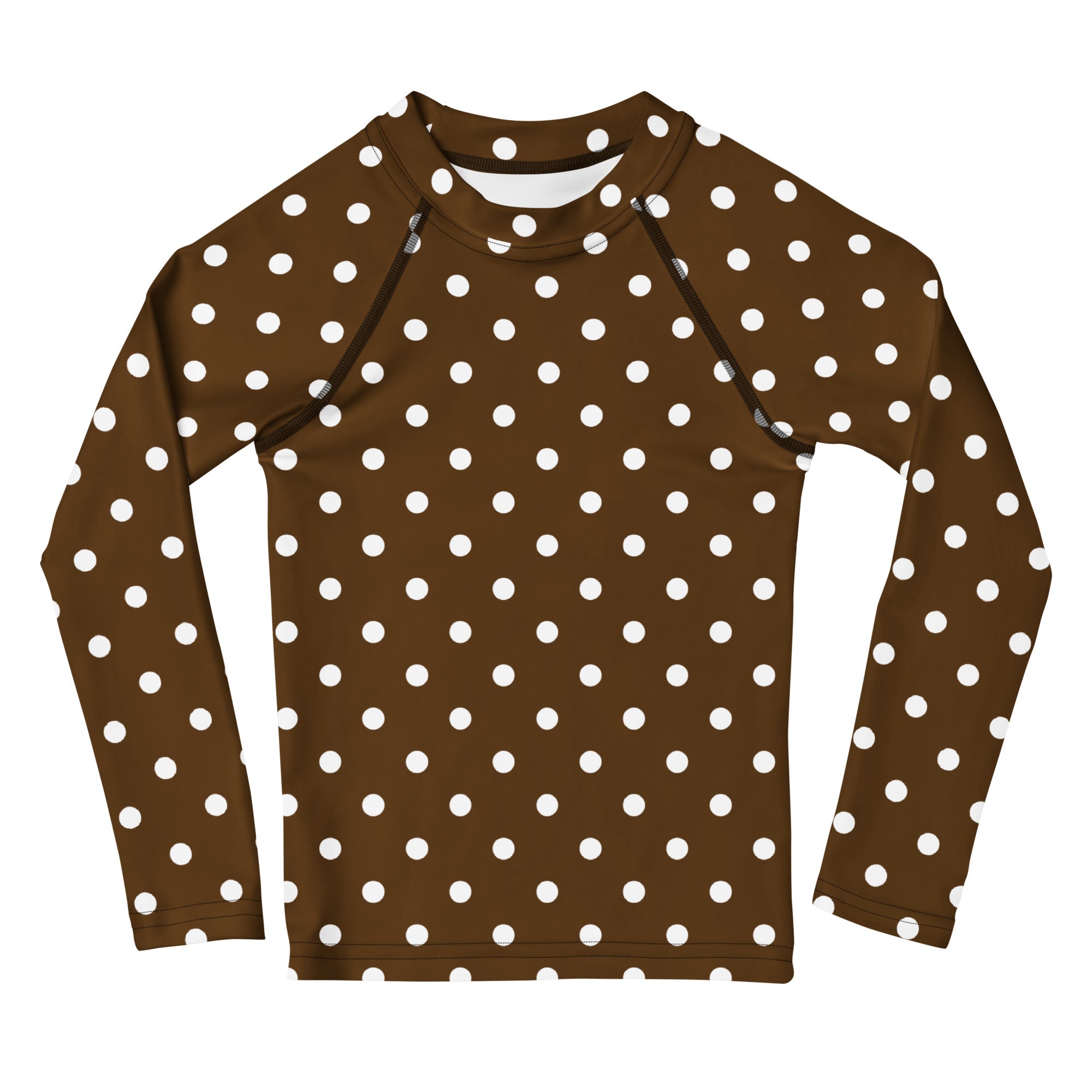 Kids Brown Polka Dot Long Sleeve Rash Guard Swim Shirt – Buttery Soft, Sun Safe UPF 50+ Protection, Quick Dry & 4-Way Stretch Comfort