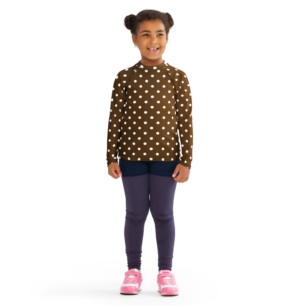 Kids Brown Polka Dot Long Sleeve Rash Guard Swim Shirt – Buttery Soft, Sun Safe UPF 50+ Protection, Quick Dry & 4-Way Stretch Comfort