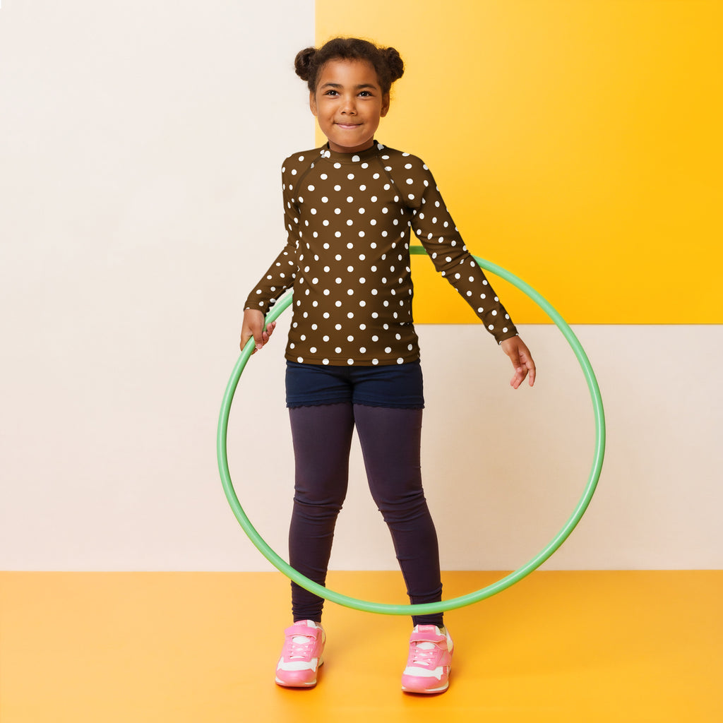Kids Brown Polka Dot Long Sleeve Rash Guard Swim Shirt – Buttery Soft, Sun Safe UPF 50+ Protection, Quick Dry & 4-Way Stretch Comfort