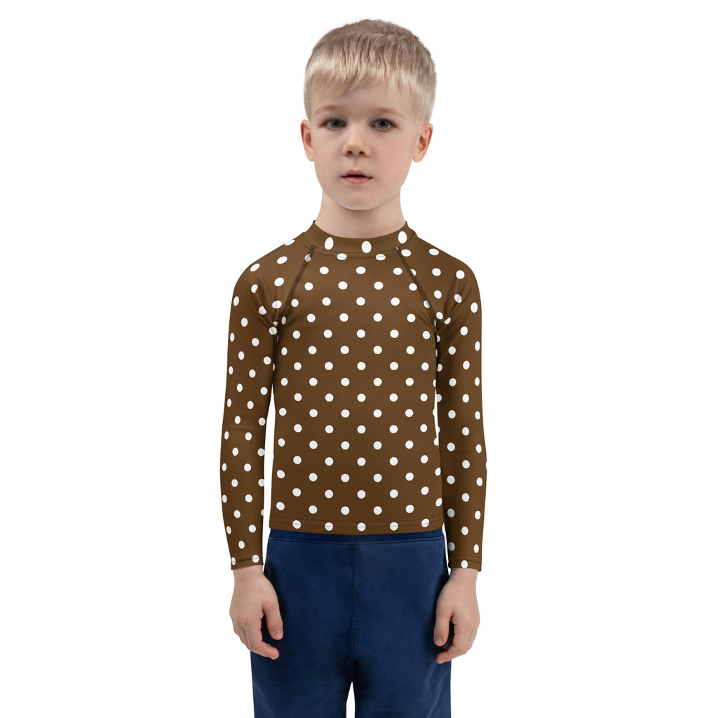Kids Brown Polka Dot Long Sleeve Rash Guard Swim Shirt – Buttery Soft, Sun Safe UPF 50+ Protection, Quick Dry & 4-Way Stretch Comfort