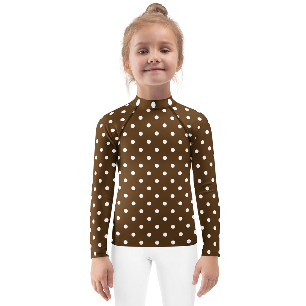 Kids Brown Polka Dot Long Sleeve Rash Guard Swim Shirt – Buttery Soft, Sun Safe UPF 50+ Protection, Quick Dry & 4-Way Stretch Comfort