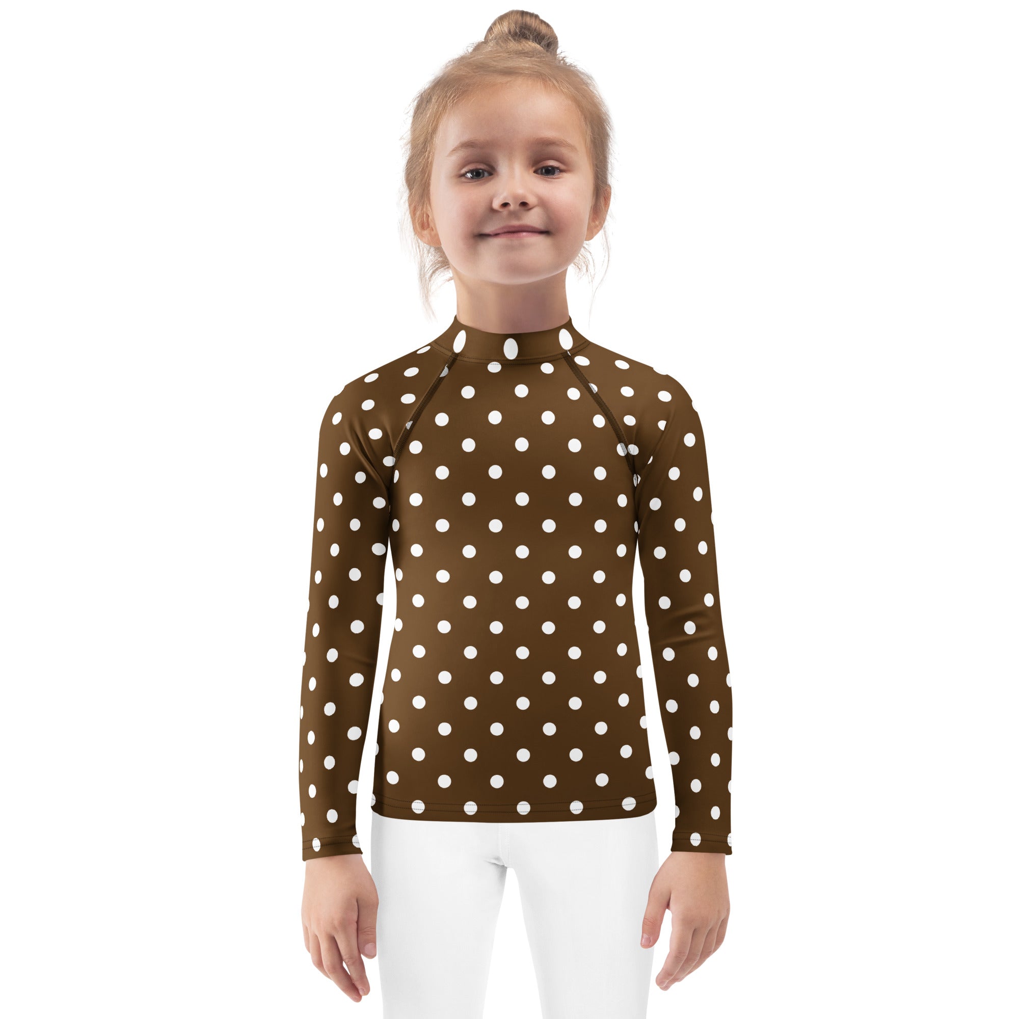 Kids Brown Polka Dot Long Sleeve Rash Guard Swim Shirt – Buttery Soft, Sun Safe UPF 50+ Protection, Quick Dry & 4-Way Stretch Comfort