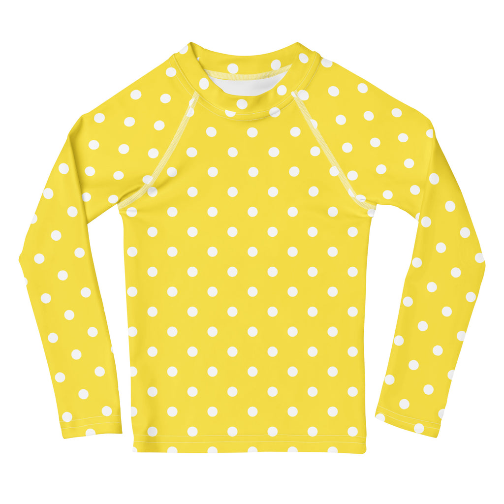 Kids Yellow Polka Dot Long Sleeve Rash Guard Swim Shirt – Buttery Soft, Sun Safe UPF 50+ Protection, Quick Dry & 4-Way Stretch Comfort