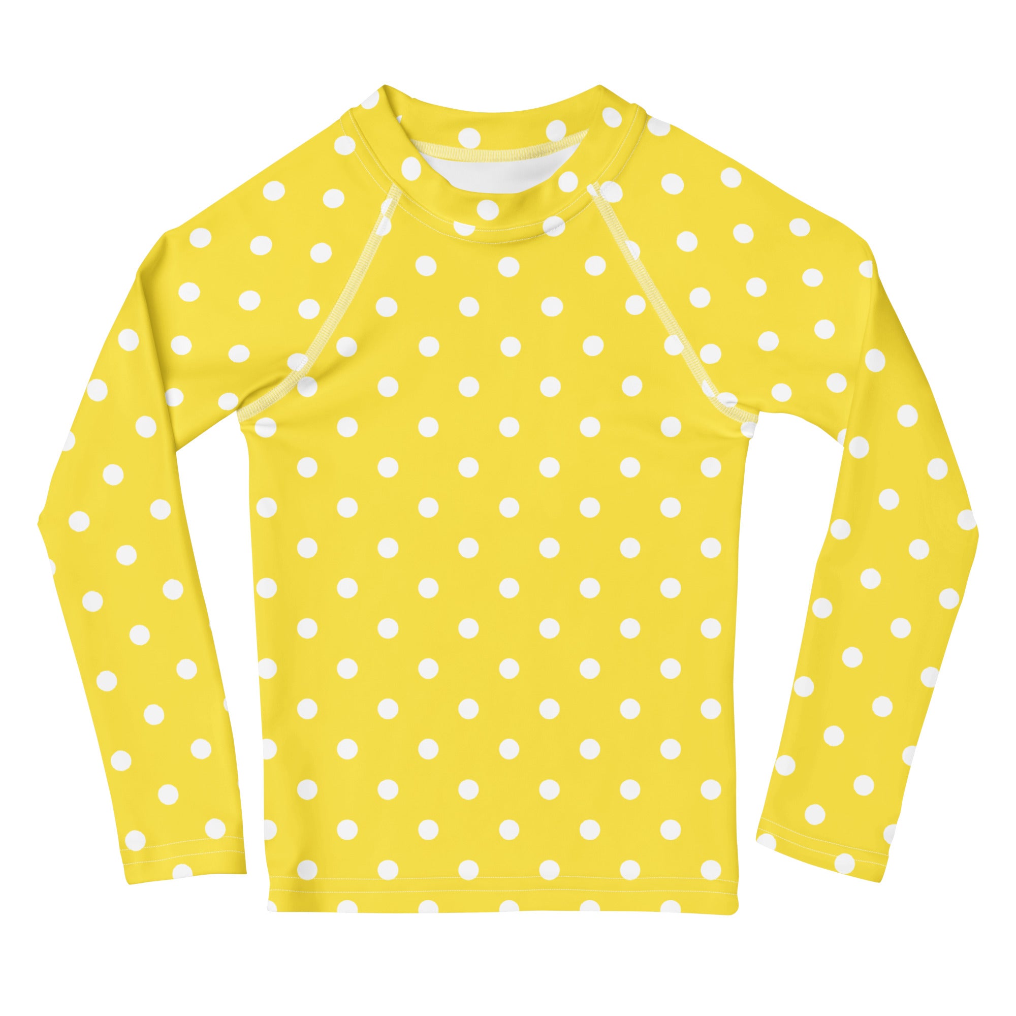 Kids Yellow Polka Dot Long Sleeve Rash Guard Swim Shirt – Buttery Soft, Sun Safe UPF 50+ Protection, Quick Dry & 4-Way Stretch Comfort