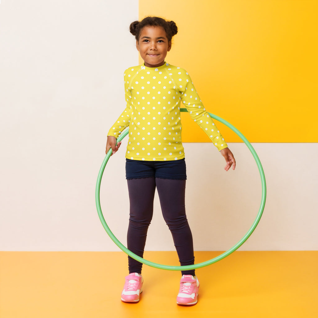 Kids Yellow Polka Dot Long Sleeve Rash Guard Swim Shirt – Buttery Soft, Sun Safe UPF 50+ Protection, Quick Dry & 4-Way Stretch Comfort