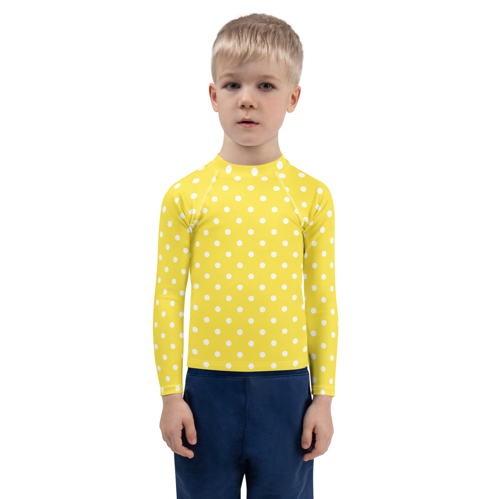 Kids Yellow Polka Dot Long Sleeve Rash Guard Swim Shirt – Buttery Soft, Sun Safe UPF 50+ Protection, Quick Dry & 4-Way Stretch Comfort