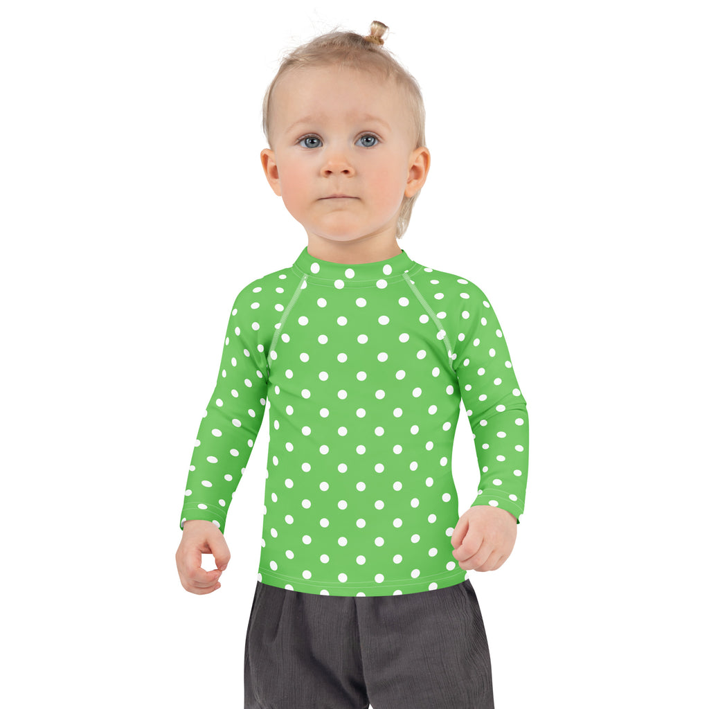 Kids Green Polka Dot Long Sleeve Rash Guard Swim Shirt – Buttery Soft, Sun Safe UPF 50+ Protection, Quick Dry & 4-Way Stretch Comfort