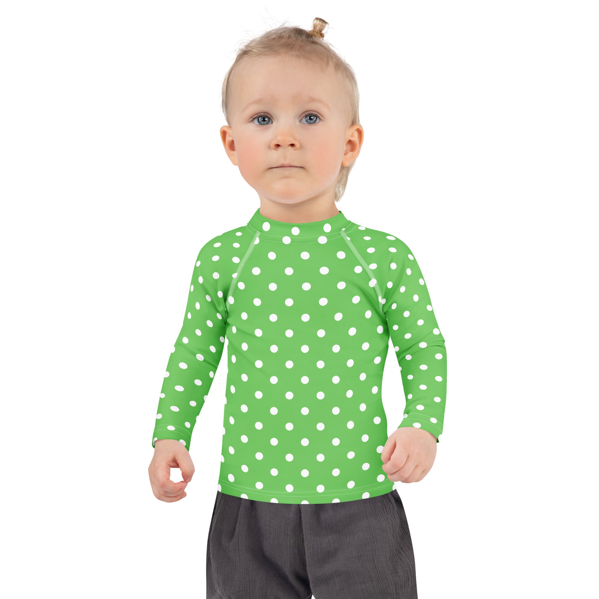 Kids Green Polka Dot Long Sleeve Rash Guard Swim Shirt – Buttery Soft, Sun Safe UPF 50+ Protection, Quick Dry & 4-Way Stretch Comfort