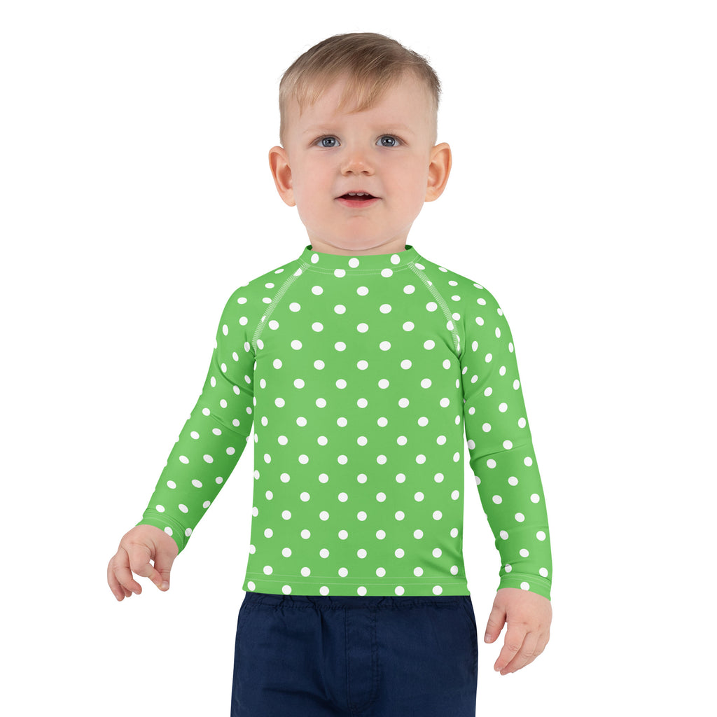 Kids Green Polka Dot Long Sleeve Rash Guard Swim Shirt – Buttery Soft, Sun Safe UPF 50+ Protection, Quick Dry & 4-Way Stretch Comfort