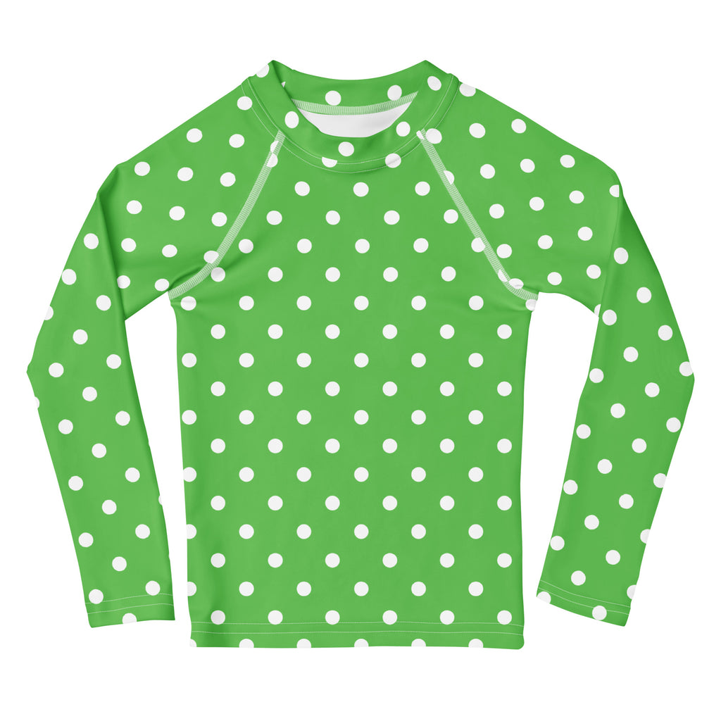 Kids Green Polka Dot Long Sleeve Rash Guard Swim Shirt – Buttery Soft, Sun Safe UPF 50+ Protection, Quick Dry & 4-Way Stretch Comfort