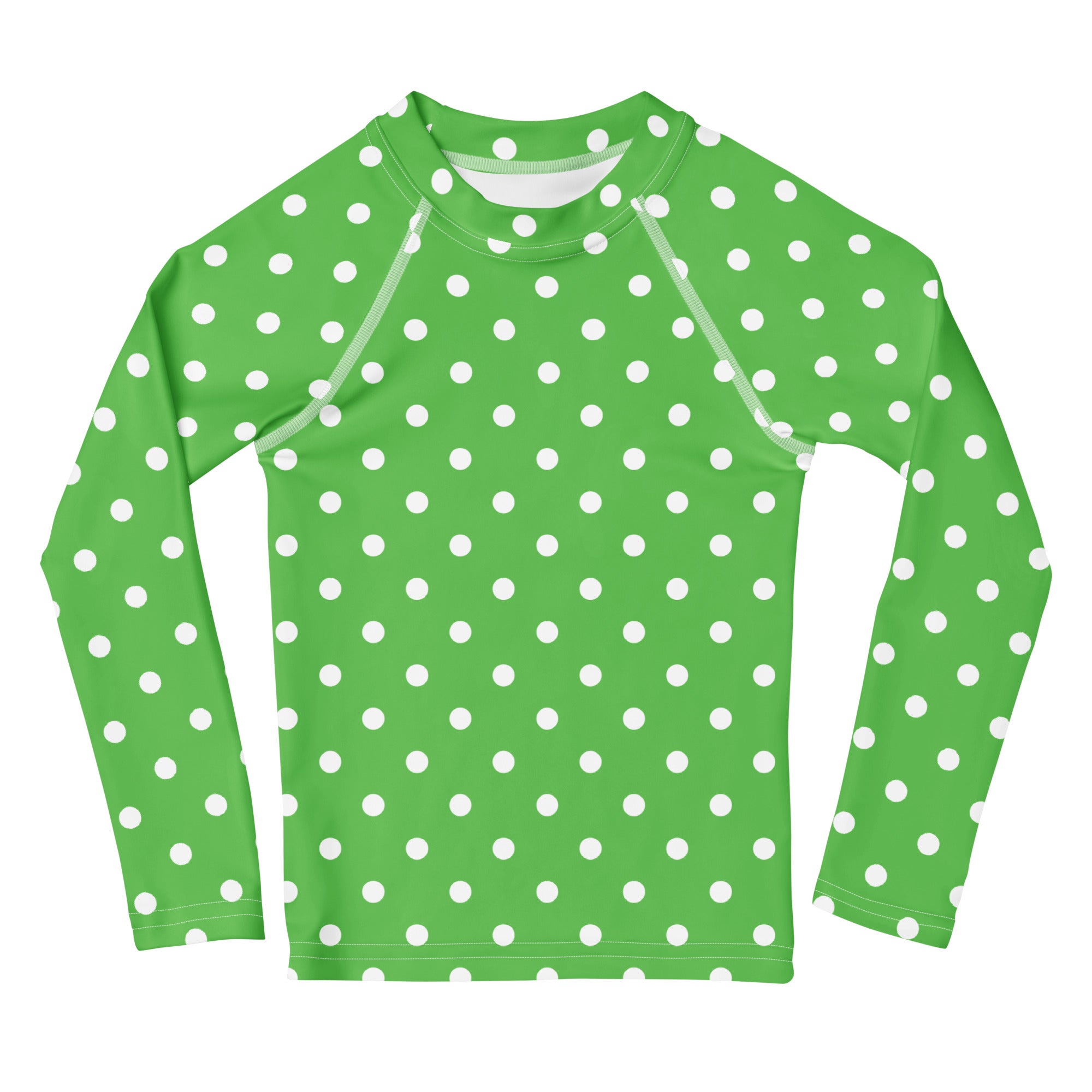 Kids Green Polka Dot Long Sleeve Rash Guard Swim Shirt – Buttery Soft, Sun Safe UPF 50+ Protection, Quick Dry & 4-Way Stretch Comfort
