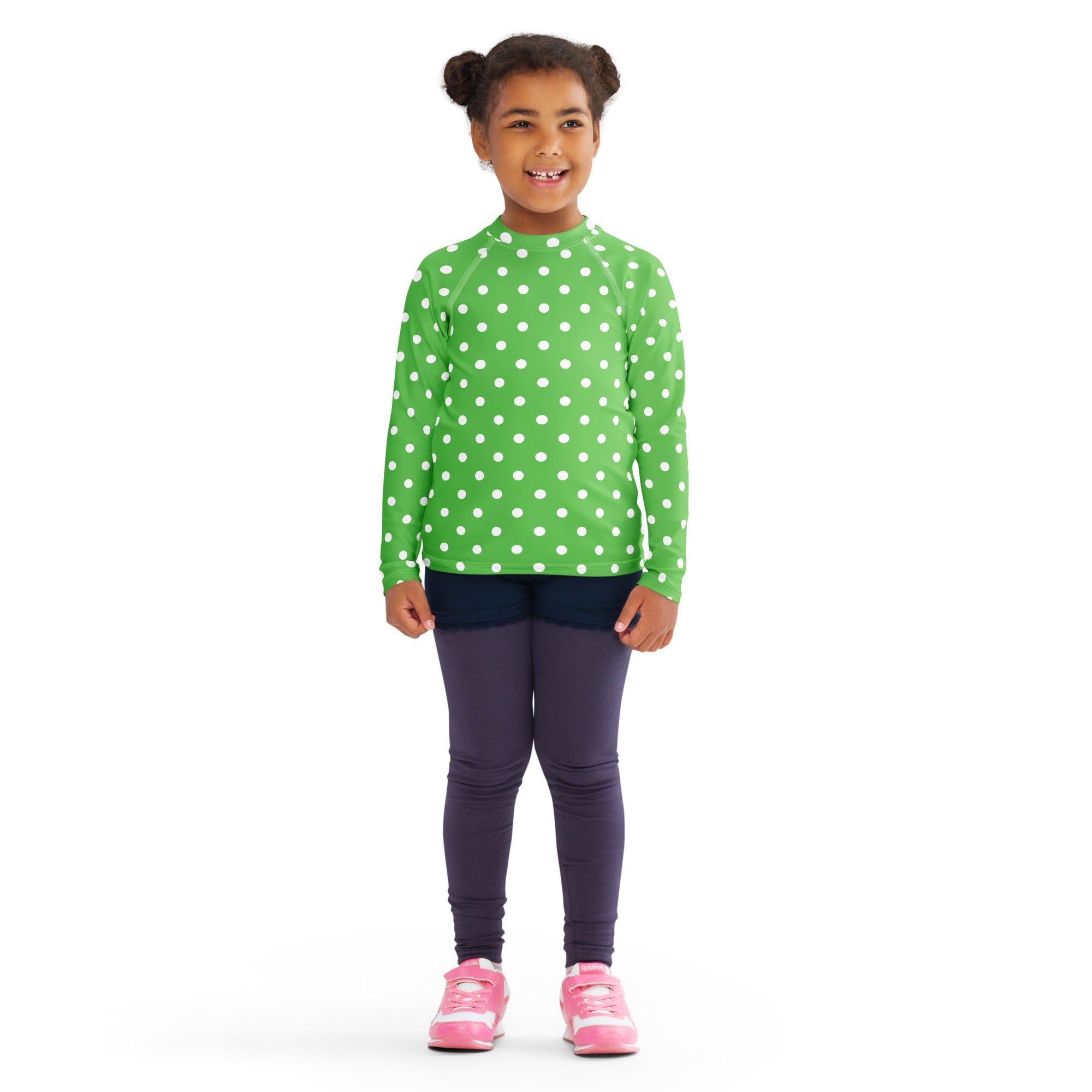 Kids Green Polka Dot Long Sleeve Rash Guard Swim Shirt – Buttery Soft, Sun Safe UPF 50+ Protection, Quick Dry & 4-Way Stretch Comfort
