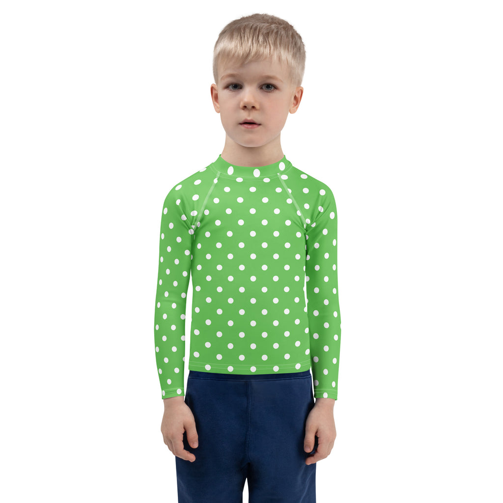 Kids Green Polka Dot Long Sleeve Rash Guard Swim Shirt – Buttery Soft, Sun Safe UPF 50+ Protection, Quick Dry & 4-Way Stretch Comfort