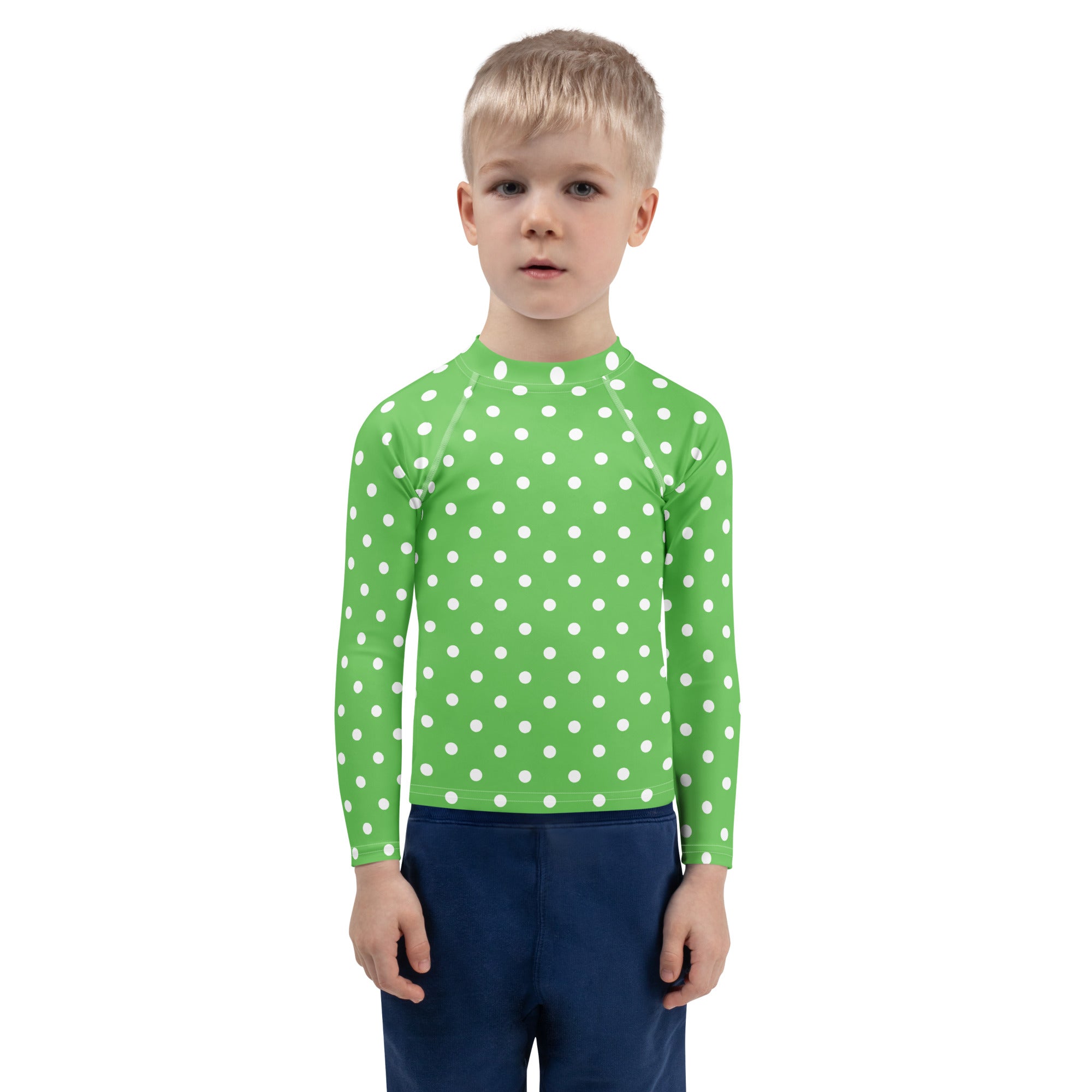 Kids Green Polka Dot Long Sleeve Rash Guard Swim Shirt – Buttery Soft, Sun Safe UPF 50+ Protection, Quick Dry & 4-Way Stretch Comfort